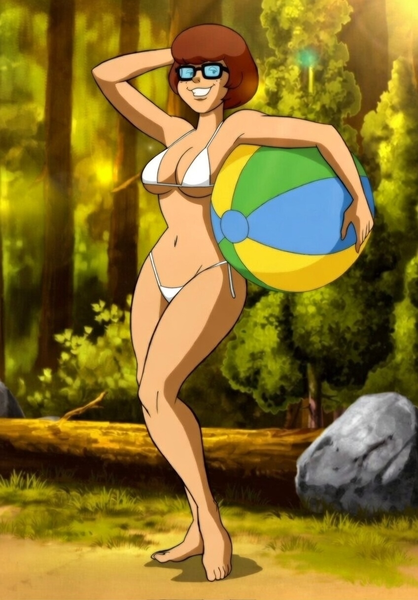 1girls, accurate art style, ai assisted, ai edit, barefoot, beach ball, bikini, brown hair, camp scare, curvy, curvy figure, female, female only, freckles, full body, glasses, hanna-barbera, outdoors, scooby-doo, scooby-doo! camp scare, screencap, screenshot, screenshot edit, short hair, solo, stitched, thick, velma dinkley, white bikini, white swimsuit, wide hips