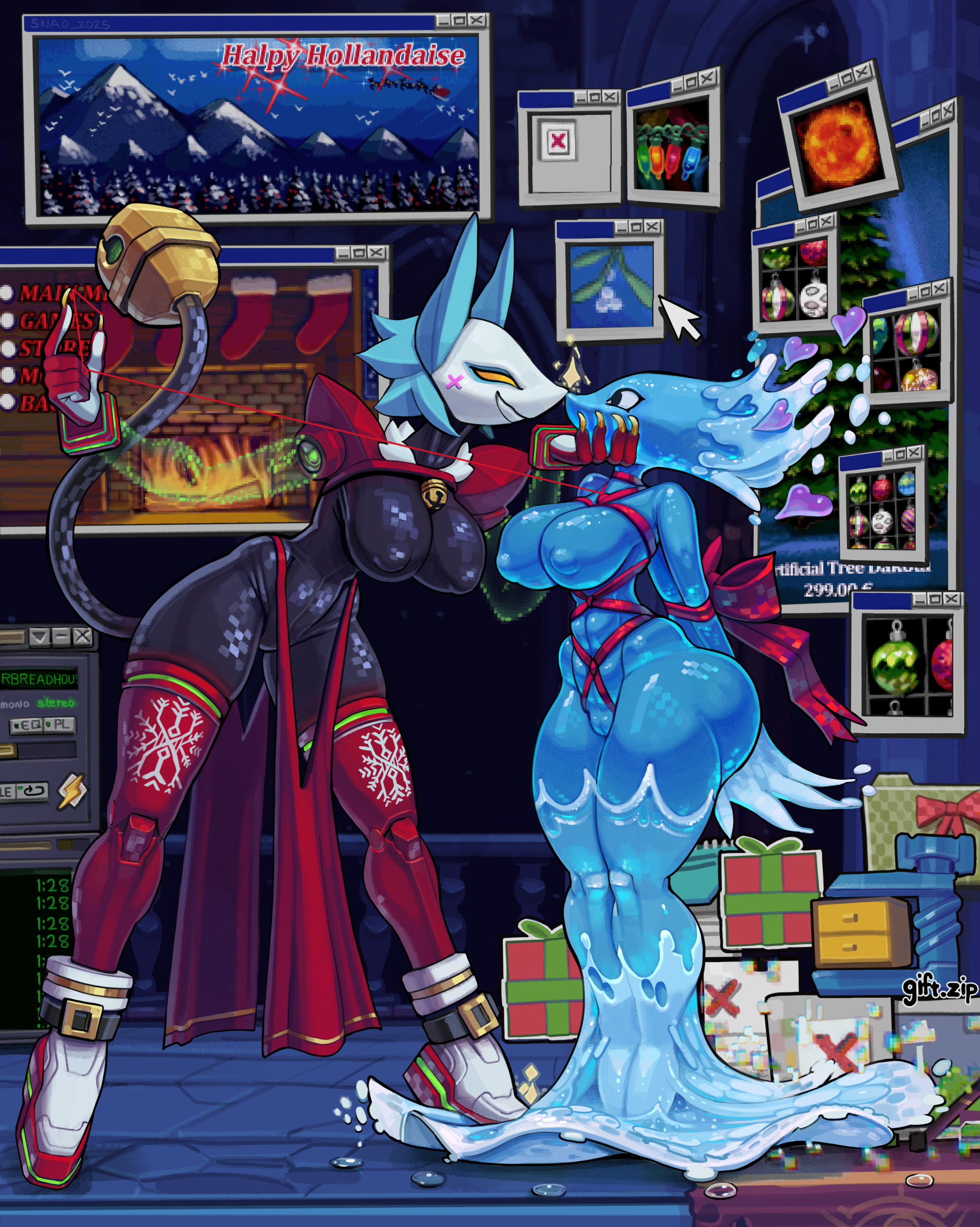 4k, absurd res, anthro, ass, bluesky link, breasts, cat ears, cat girl, cat tail, christmas, church, deltarune, deltarune chapter 2, deltarune chapter 4, digital media (artwork), dress, furry, furry female, gift, gift box, hi res, miss mizzle (deltarune), naked, pussy, romantic, snao, spirit, tape, tasque manager (deltarune), water, website, windows, yuri
