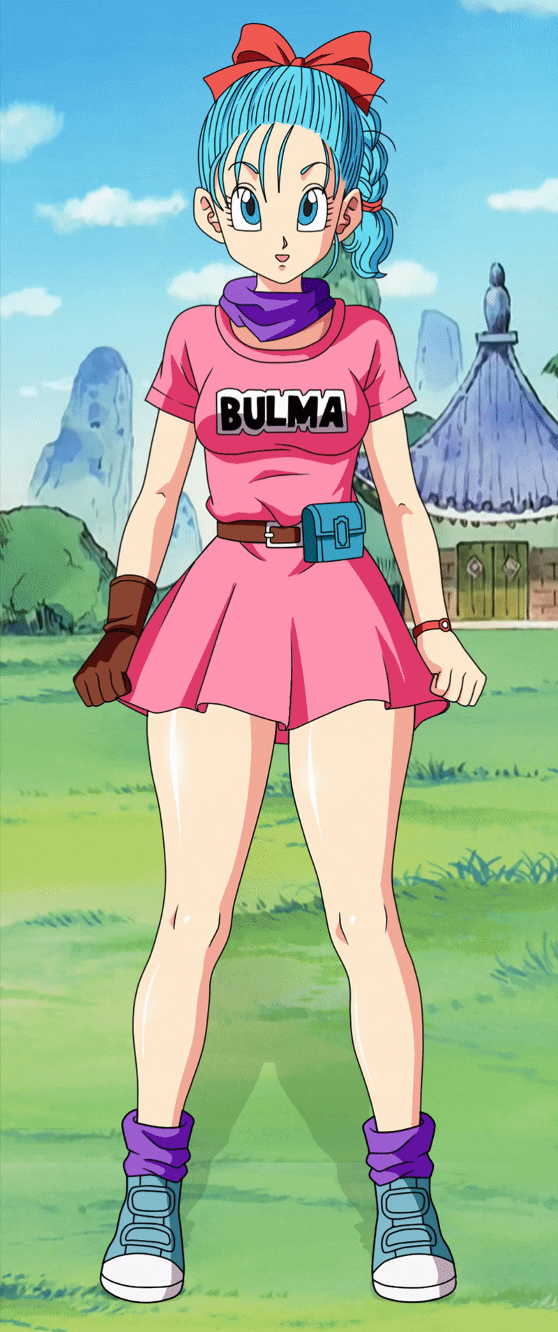 1girls, animated, aqua eyes, aqua hair, braid, bulma briefs, cleft of venus, cloud, dragon ball, exhibitionism, female, female focus, field, forest, forest background, foxybulma, full body, grass, hairless pussy, highres, legs, looking at viewer, nature, nature background, navel, no panties, outdoors, pink dress, ponytail, pussy, ribbon, skirt, sky, solo, standing, teasing, teenage, teenage girl, toei animation, younger female