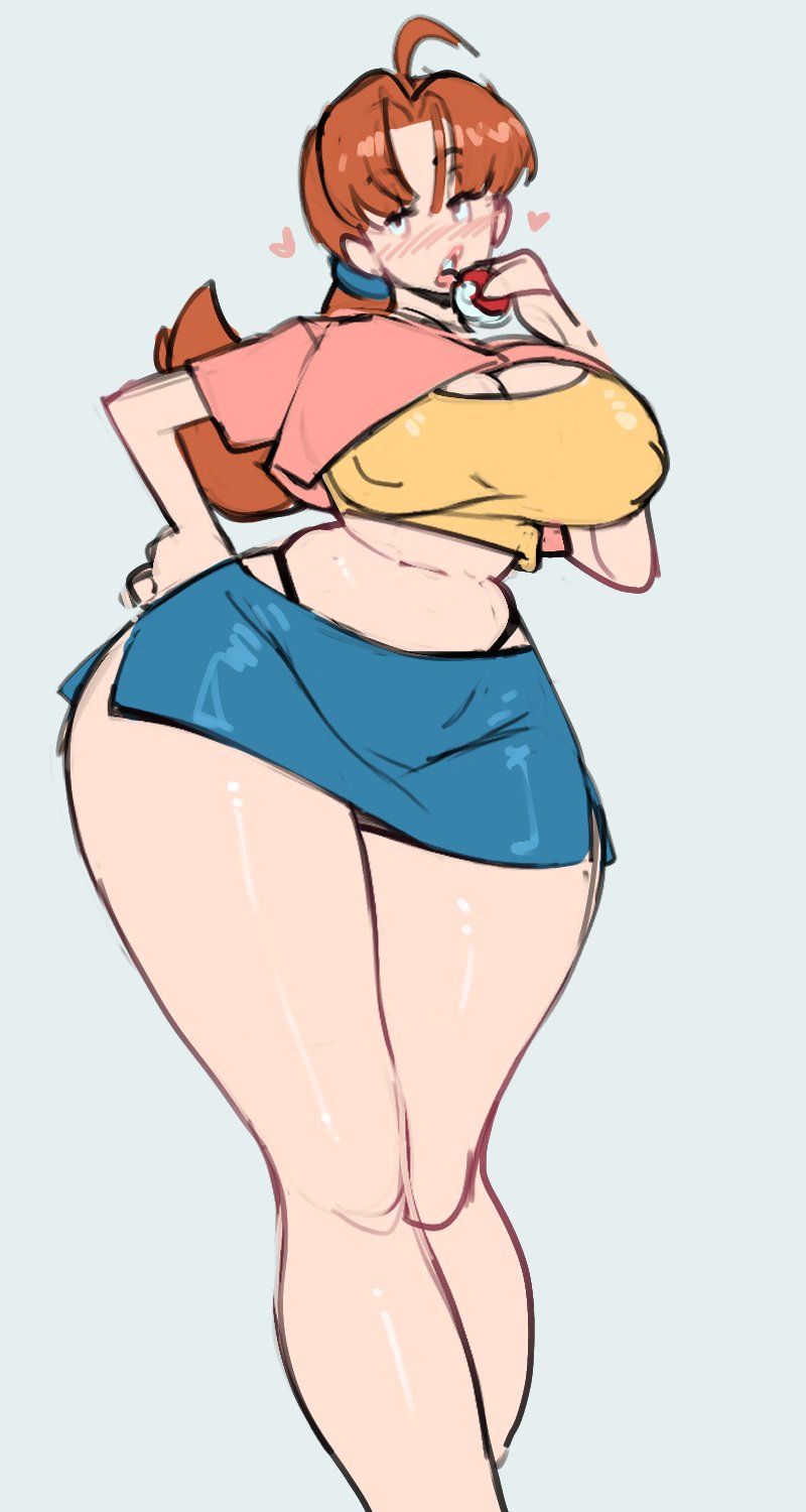 1girls, big breasts, breasts, curvy, curvy figure, delia ketchum (pokemon), female, female only, hourglass figure, large breasts, mature, mature female, mature woman, milf, nipple bulge, not enough milk (artist), open mouth, pokeball, pokemon, pokemon (anime), simple background, solo, solo female, thick thighs, voluptuous, white background, wide hips
