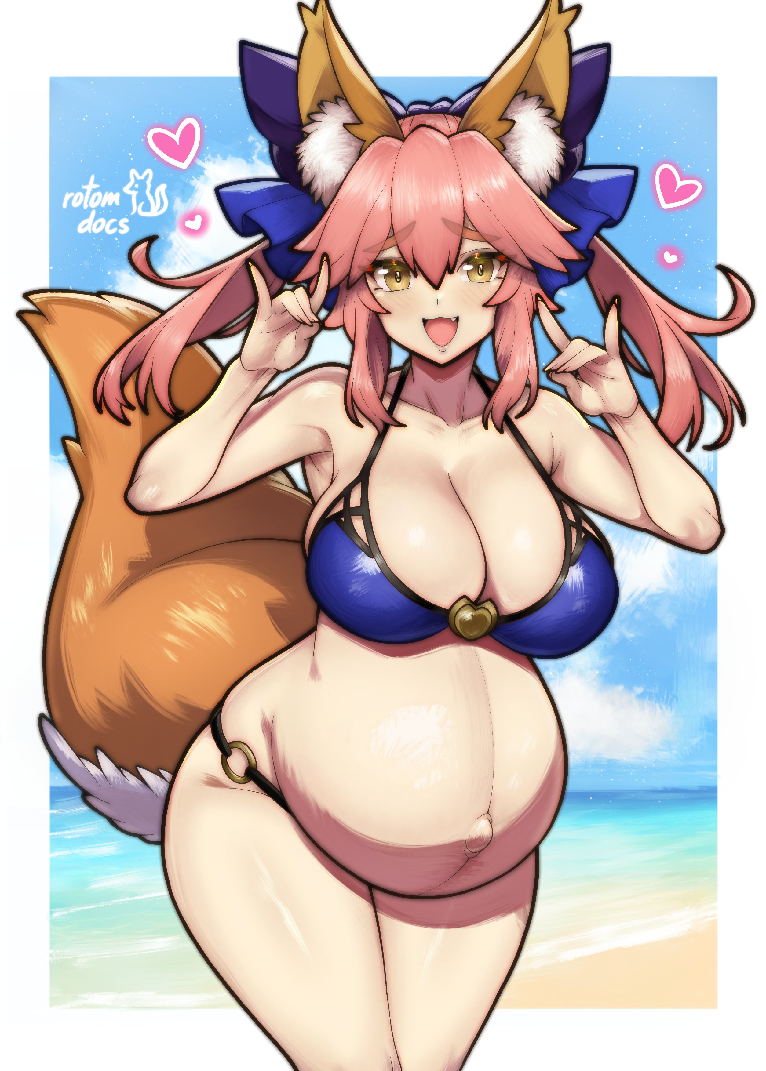 beach, big breasts, bikini, fate (series), fox ears, fox girl, fox tail, gold eyes, pink hair, pregnant, pregnant belly, pregnant female, rotomdocs, tamamo no mae (fate), thick thighs