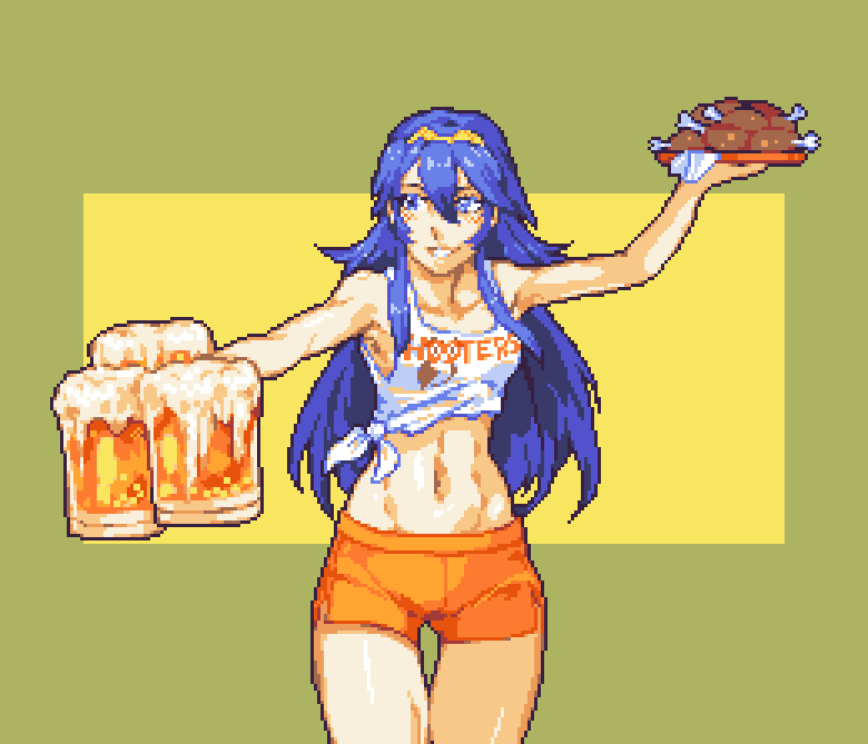 1girls alcohol alternate_costume beer beer_mug blue_eyes blue_hair breasts chicken_(food) crop_top cup employee_uniform female female female_only fire_emblem fire_emblem_awakening food glaceo hair_between_eyes hooters long_hair lucina_(fire_emblem) mug navel nintendo orange_shorts pixel_art short_shorts shorts simple_background small_breasts smile solo tank_top uniform waitress