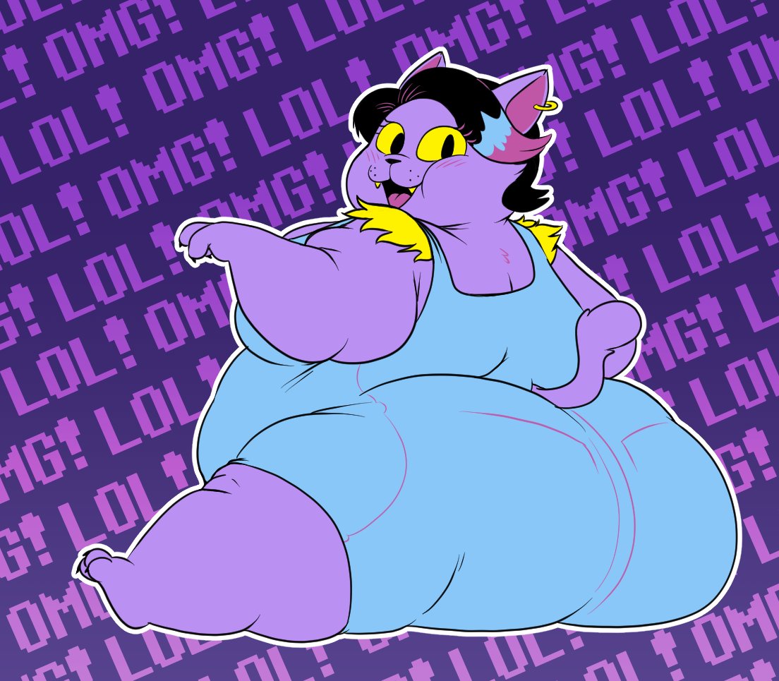 anthro ass big_ass cat_ears cat_tail catgirl catty_(undertale) chubby chubby_anthro chubby_female english_text fat_ass fat_butt fat_female fat_mons fluffyfawxen looking_at_viewer looking_back multicolored_hair obese obese_anthro obese_female omg open_mouth overalls overweight overweight_anthro overweight_female purple_background purple_body purple_fur purple_skin short_hair short_tail shortstack sitting sitting_down tail undertale undertale_(series) wide_ass wide_hips yellow_sclera