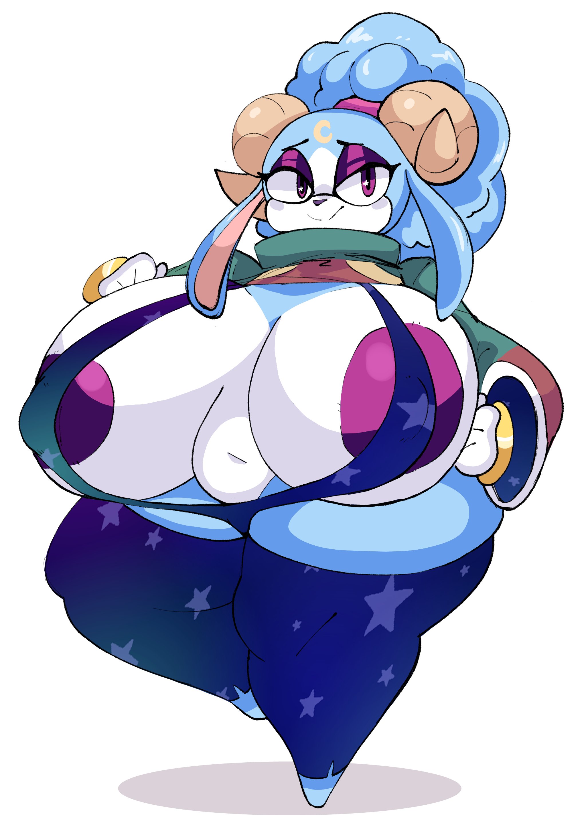 1girls, anthro, ariem, big breasts, blue body, blue hair, bovid, breasts, caprine, cleavage, dork boi, female, female only, horn, horns, lewd dorky, pink hair, sheep, sonic (series), sonic dream team, sonic the hedgehog (series), thick thighs, wool, wool (fur)