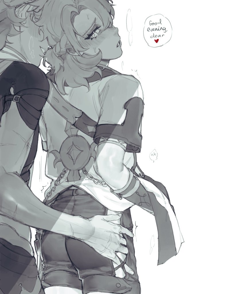 2boys, aether (genshin impact), albedo (genshin impact), ass, ass grab, blush, english text, from behind, fully clothed, gay, genshin impact, greyscale, male, male only, no visible genitalia, yaoi