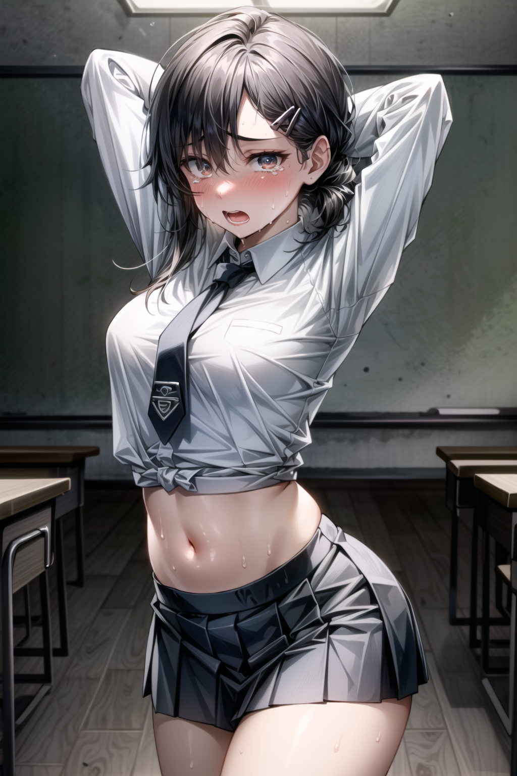 ai_generated arms_behind_head arms_up bangs black_eyes black_hair black_necktie black_skirt blush bondage bound_wrists breasts chainsaw_man chalkboard classroom collared_shirt cowboy_shot desk edosynf female hair_ornament hairclip higashiyama_kobeni highres indoors long_sleeves looking_at_viewer midriff miniskirt navel necktie open_mouth pleated_skirt school_uniform shirt skirt solo standing stomach sweat white_shirt