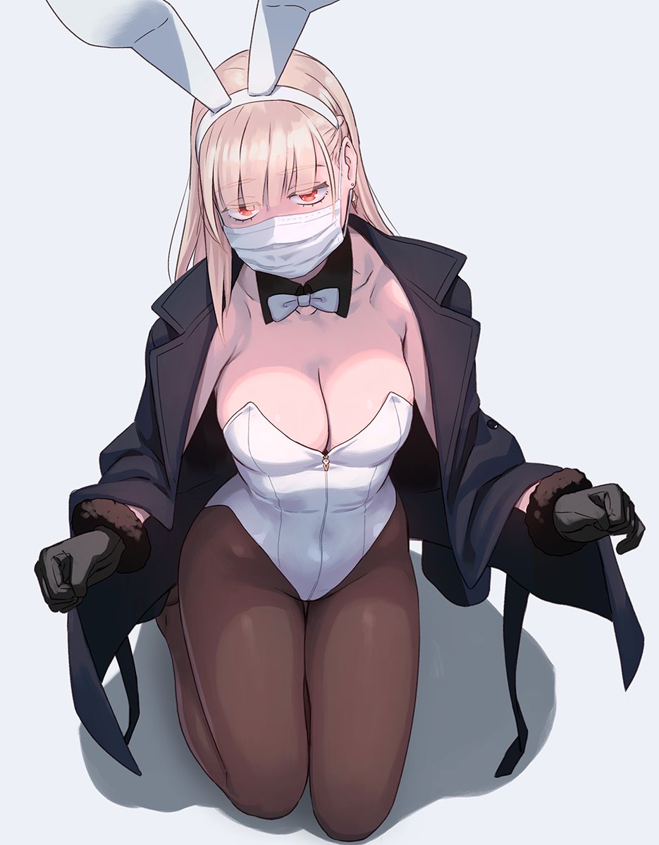 big_breasts blonde_hair bunny_costume bunny_ears bunny_girl bunnysuit gloves jacket jacket_open long_hair masked_female mouth_mask on_knees pantyhose yuuji_(and)