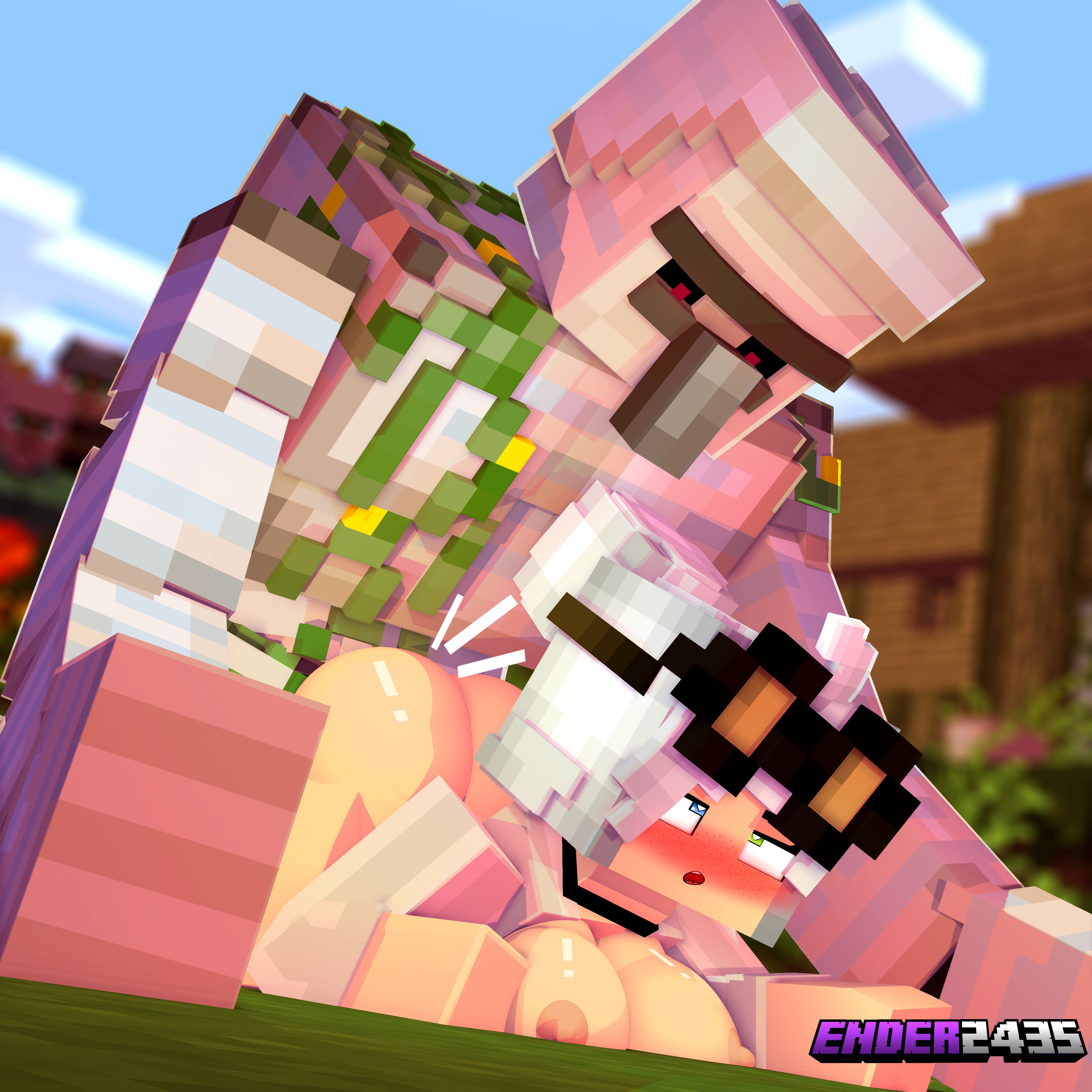 1boy, 1girls, 3d, blurry background, ender2435, female, grace (ender2435), heart-shaped pupils, horny female, iron golem (minecraft), looking at partner, male, microsoft, mine-imator, minecraft, mojang, multicolored eyes, outside, public, public sex, straight, tagme, white hair