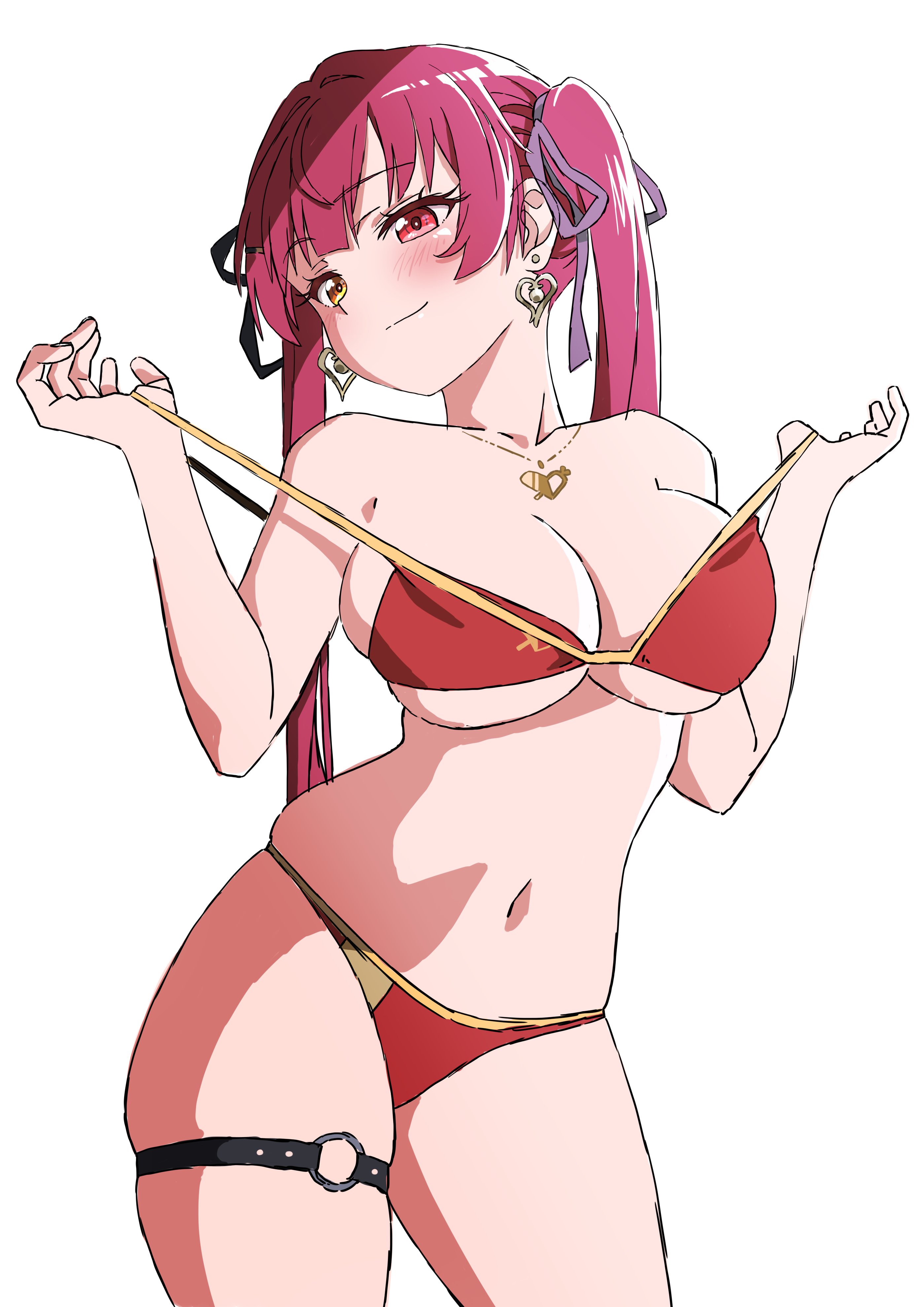 1girls, bikini, breasts, cowboy shot, female, female only, hololive, hololive fantasy, hololive japan, houshou marine, huge breasts, looking to the side, pulling bikini string, skindentation, smug, smug face, smug smile, thick thighs, thigh strap, virtual youtuber, white background, wide hips