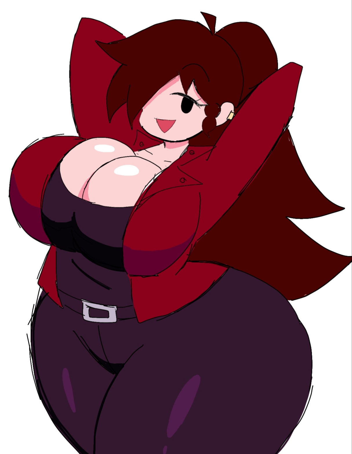 ass, big ass, big breasts, boob window, breasts, cleavage, clothed, clothing, female, female only, friday night funkin, friday night funkin mod, girlfriend (friday night funkin), huge ass, huge breasts, momiji (artist), no bra, red hair, smile, smiling, smiling at viewer, solo, thick ass, thick thighs, thighs, trepidation gf (friday night funkin)