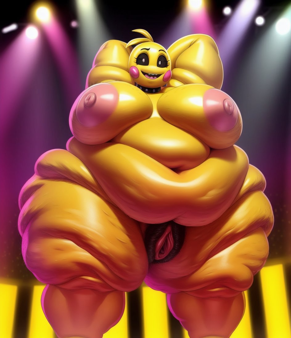 ai_generated animatronic anthro belly big_belly big_breasts breasts cellulite dkkaiserzc fat fat_arms fat_belly fat_female fat_knees fat_rolls fat_thighs fat_woman five_nights_at_freddy's five_nights_at_freddy's_2 huge_breasts morbidly_obese morbidly_obese_female obese obese_female overweight overweight_female pussy stable_diffusion toy_chica_(fnaf)