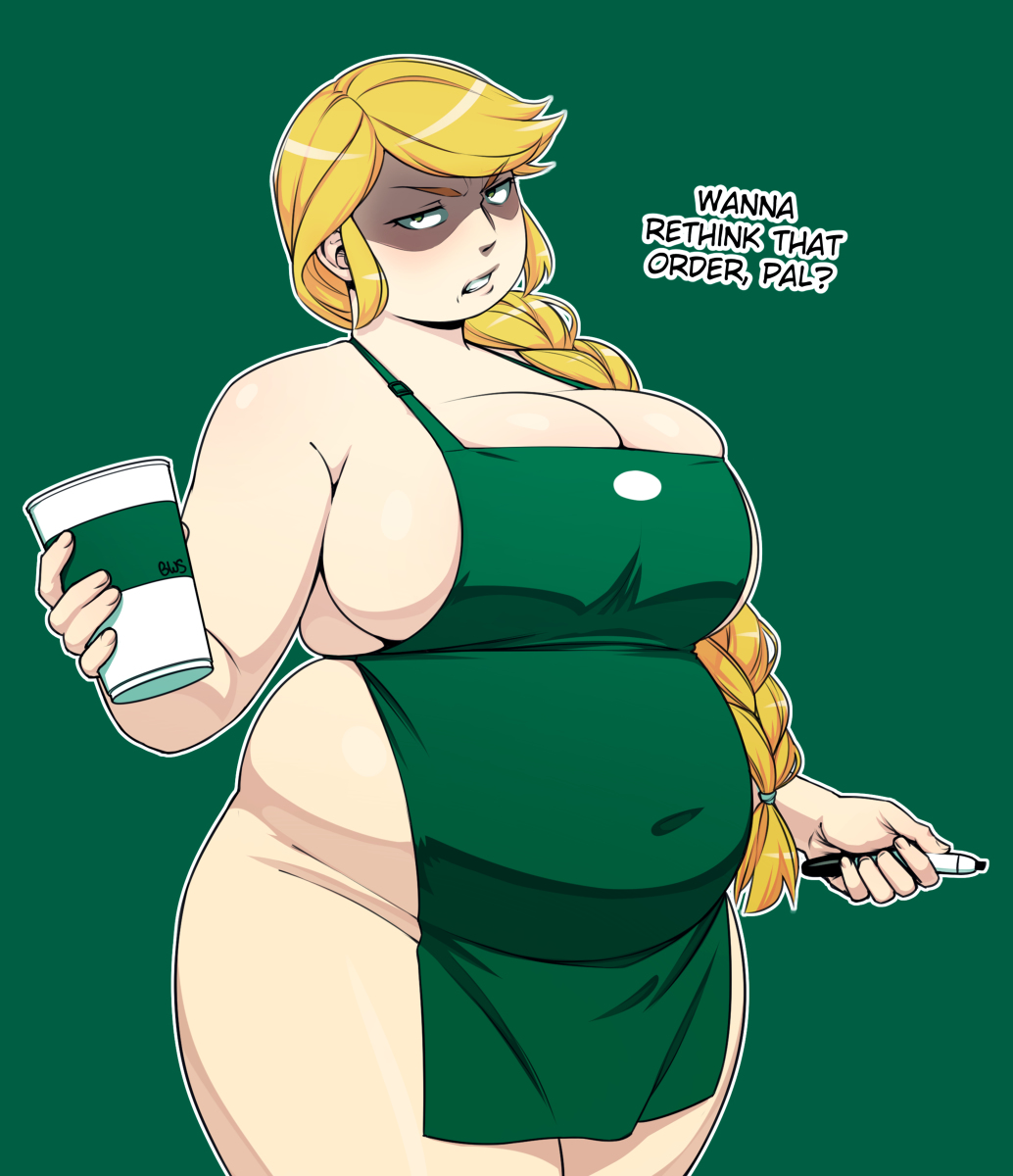1girls, 2021, angry, apron, apron only, bbw, better with salt, blonde hair, braided hair, braided ponytail, breasts, chubby, chubby female, curvaceous, curvy, english, english text, female, female focus, hi res, high resolution, highres, hips, huge breasts, iced latte with breast milk, long hair, looking at viewer, mostly nude, plump, ponytail, sammy (better with salt), sideboob, solo, solo female, solo focus, talking to viewer, text, voluptuous, wide hips