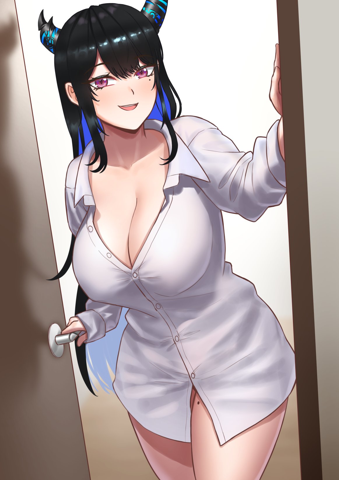 big breasts, big thighs, black hair, blush, breasts, cipher4109, female, hololive, hololive english, hololive english -advent-, horns, huge breasts, huge thighs, long hair, looking at viewer, nerissa ravencroft, opening door, shirt, smile, smiling, smiling at viewer, thick hips, thick thighs, thighs, unbuttoned, virtual youtuber