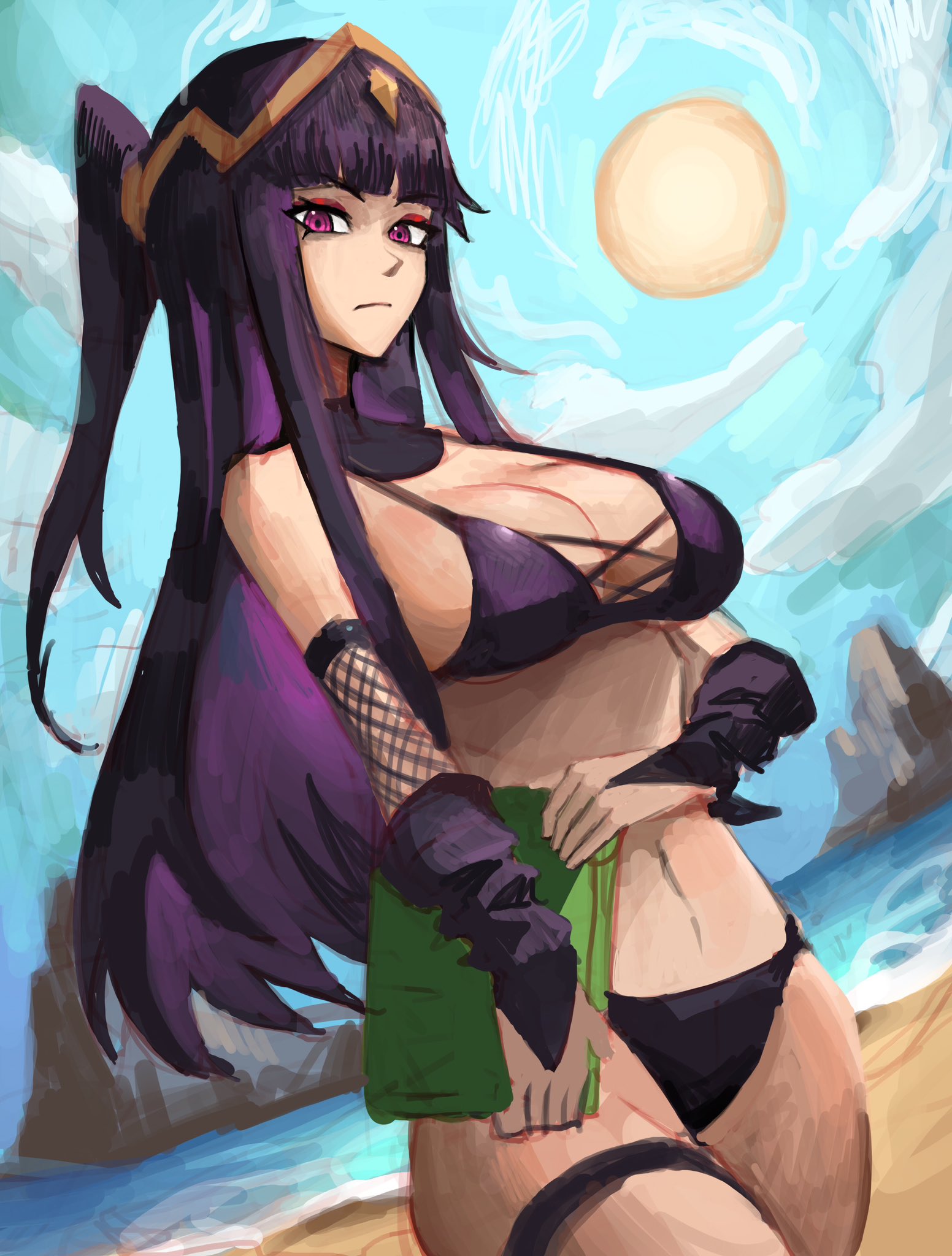 alternate costume, bikini, black bikini, black swimsuit, breasts, female, fire emblem, fire emblem awakening, nintendo, outdoors, purple bikini, purple swimsuit, saiykik, solo, swimsuit, tharja (fire emblem)