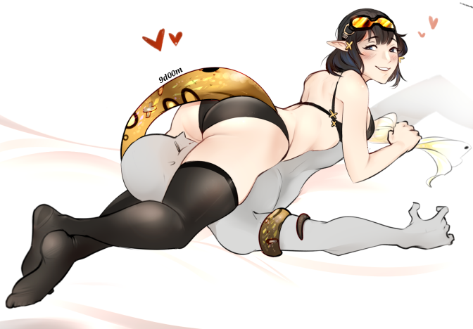 9d00m_(artist) arknights asphyxiation ass black_hair black_legwear dominant_female domination eunectes_(arknights) faceless_male femdom googles head_between_thighs headscissor leg_lock legwear looking_back lying sitting_on_person smile snake_tail squeezing tagme tail thick_thighs wrestling