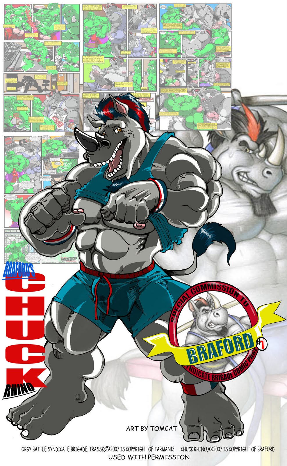 2007 abs anthro bottomwear bulge chuck_(braford) clothed clothing clothing_lift comic english_text hi_res male mammal muscular muscular_male nipples page_1 pecs rhinoceros shirt shirt_lift shorts solo text tomcat_(artist) topwear