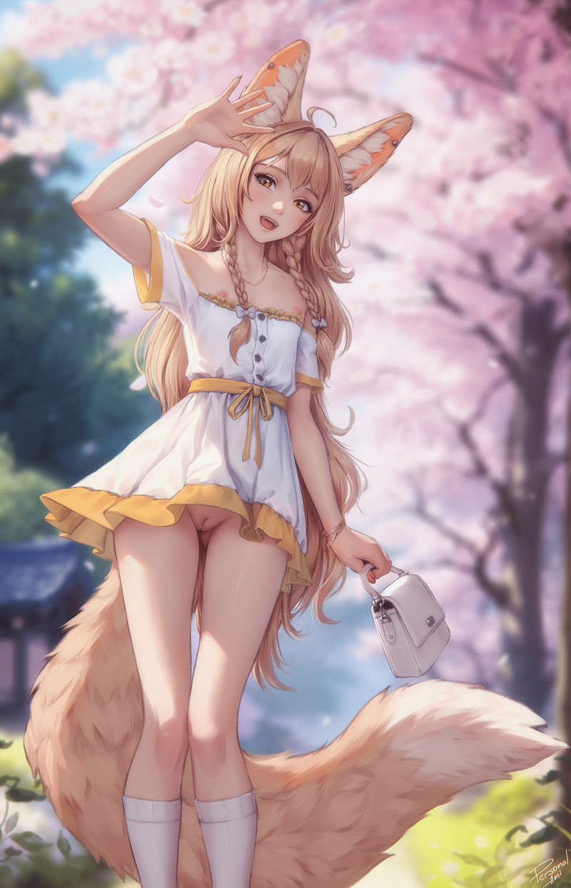 1girls :d ahoge animal_ear_piercing animal_ears arm_up bag braid brown_eyes brown_hair cherry_blossoms cleft_of_venus dress earrings fangs feet_out_of_frame female fox_ears fox_girl fox_tail functionally_nude_clothes handbag highres holding holding_bag jewelry khiara_(personalami) large_tail long_hair looking_at_viewer nipple_slip no_panties off-shoulder_dress off_shoulder open_mouth original outdoors personalami pussy side_braids signature smile socks solo tail teeth true_flat_chest uncensored upper_teeth_only very_long_hair white_dress white_socks