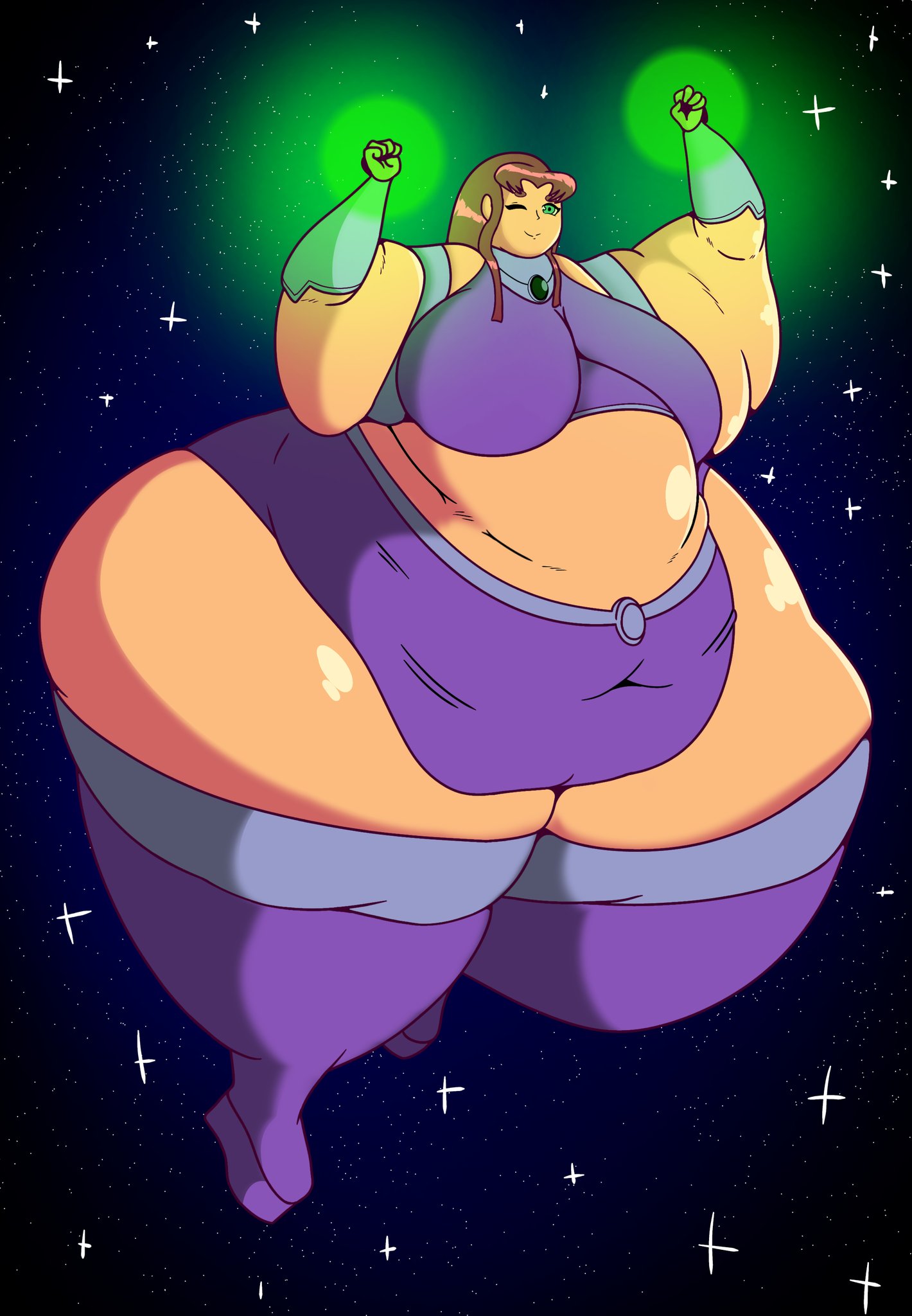 1girls bbw belly breasts cgkey1 dc fat female large_breasts large_thighs massive_thighs obese starfire stretched_belt teen_titans thighs thighs_bigger_than_head