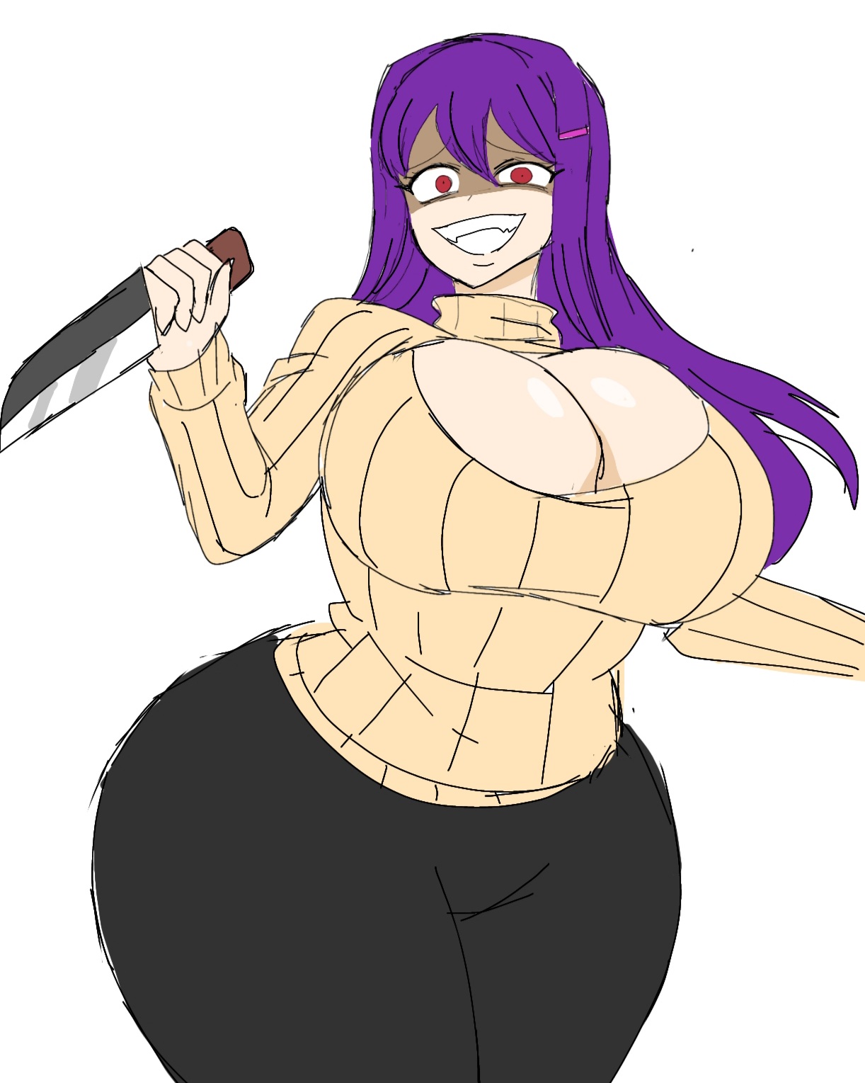 1girls, ass, big ass, big breasts, boob window, breasts, clothed, crazy female, doki doki literature club, female, female only, holding knife, huge ass, huge breasts, insane, knife, momiji (artist), no bra, red eyes, slasher smile, solo, weapon, white background, yandere, yuri (doki doki literature club)