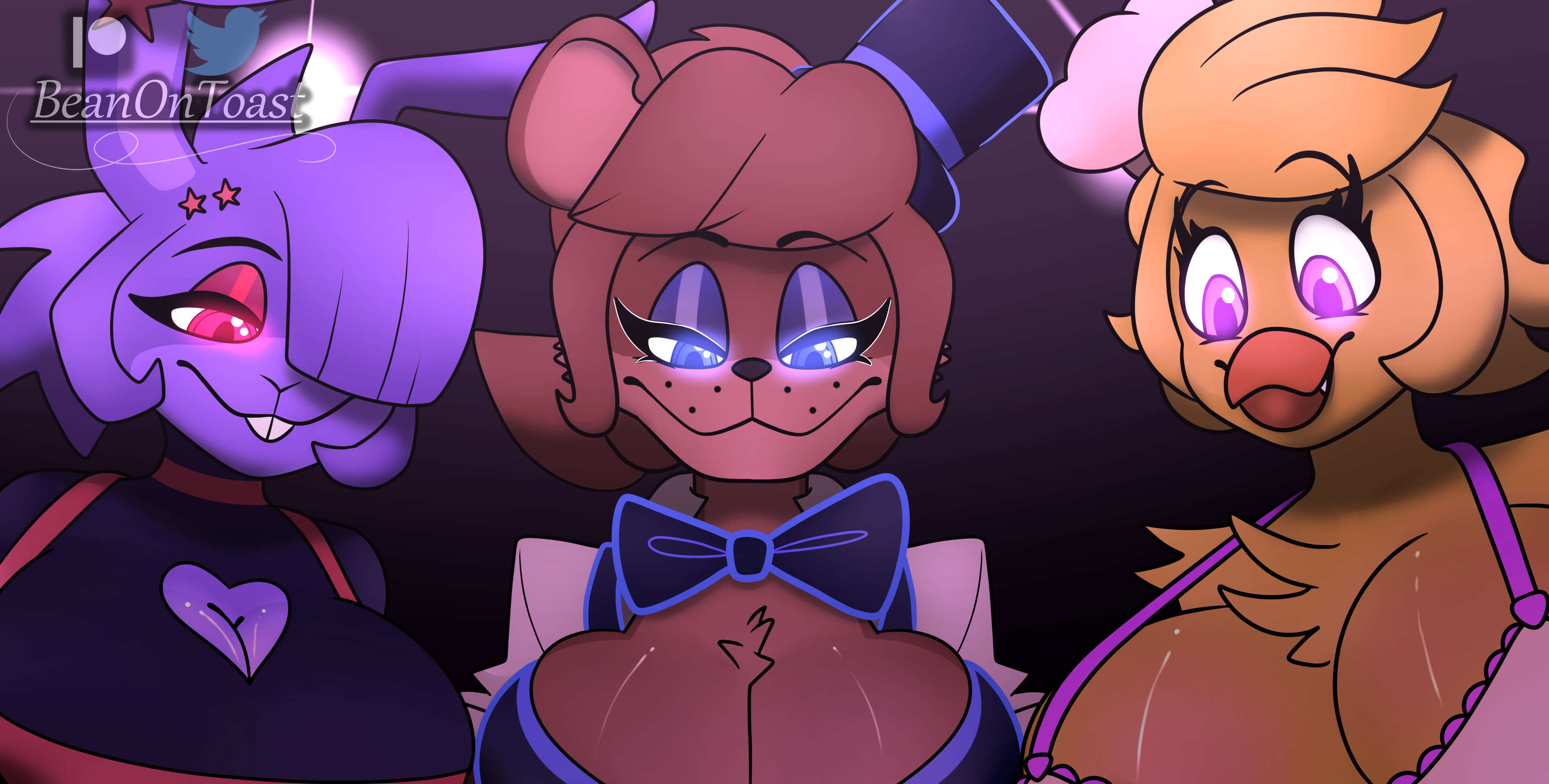 3girls, anthro, beak, beanontoast, big breasts, bonfie, bonfie (cryptia), bonfie (fn:rearousal), bonnie (cally3d), bonnie (fnaf), breasts, chica (cally3d), chica (fnaf), chiku, chiku (cryptia), chiku (fn:rearousal), female, five nights at freddy's, freddy (fnaf), fredina (cally3d), fredina's nightclub, frenni (cryptia), frenni (fn:rearousal), frenni fazclaire, imminent sex, multiple females, multiple girls, randomstuff, rule 63