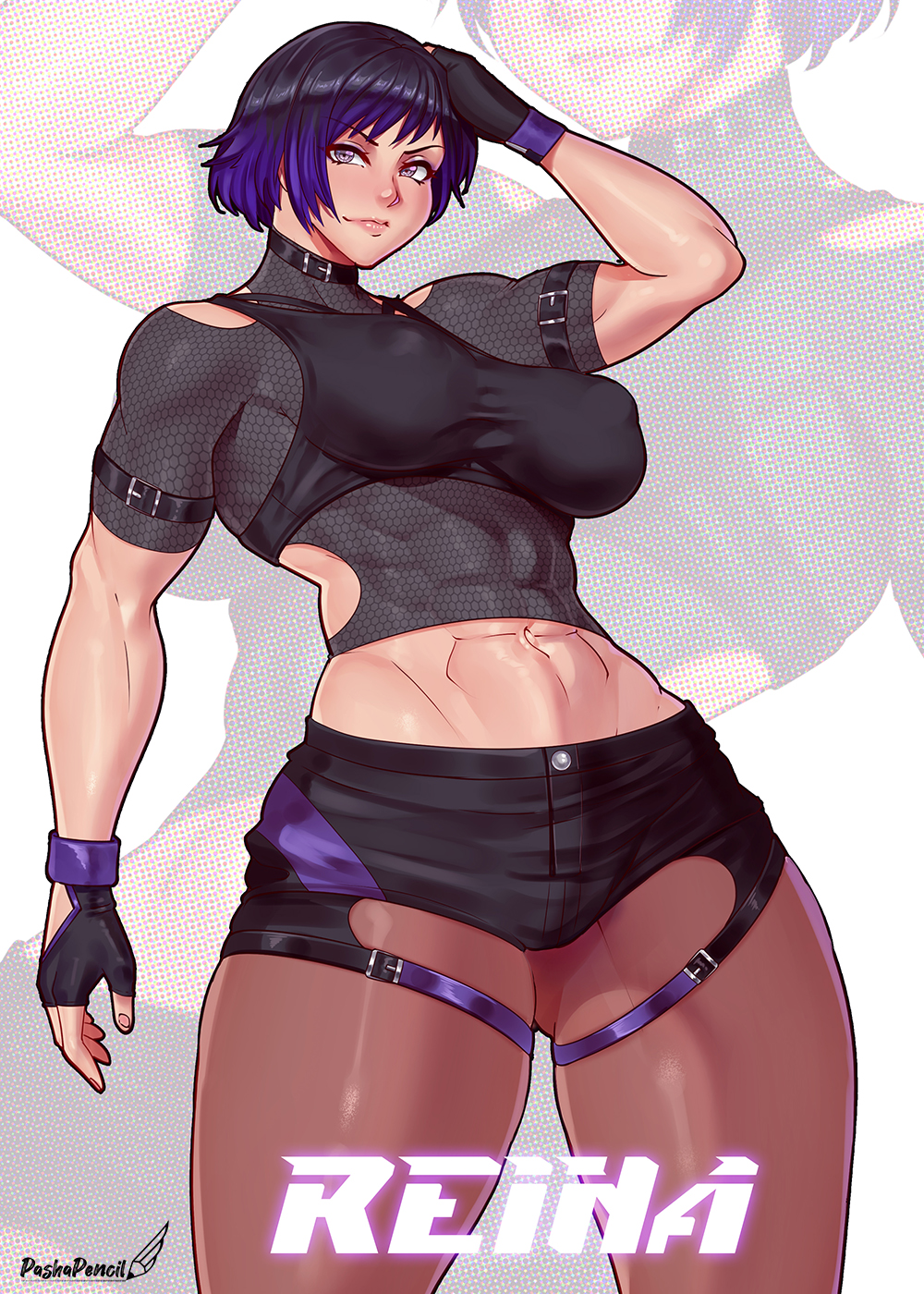 1girls abs athletic_female big_breasts black_and_purple_hair cleavage female female_abs fit_female namco pantyhose pashapencil purple_eyes reina_mishima shorts tekken tekken_8 tomboy