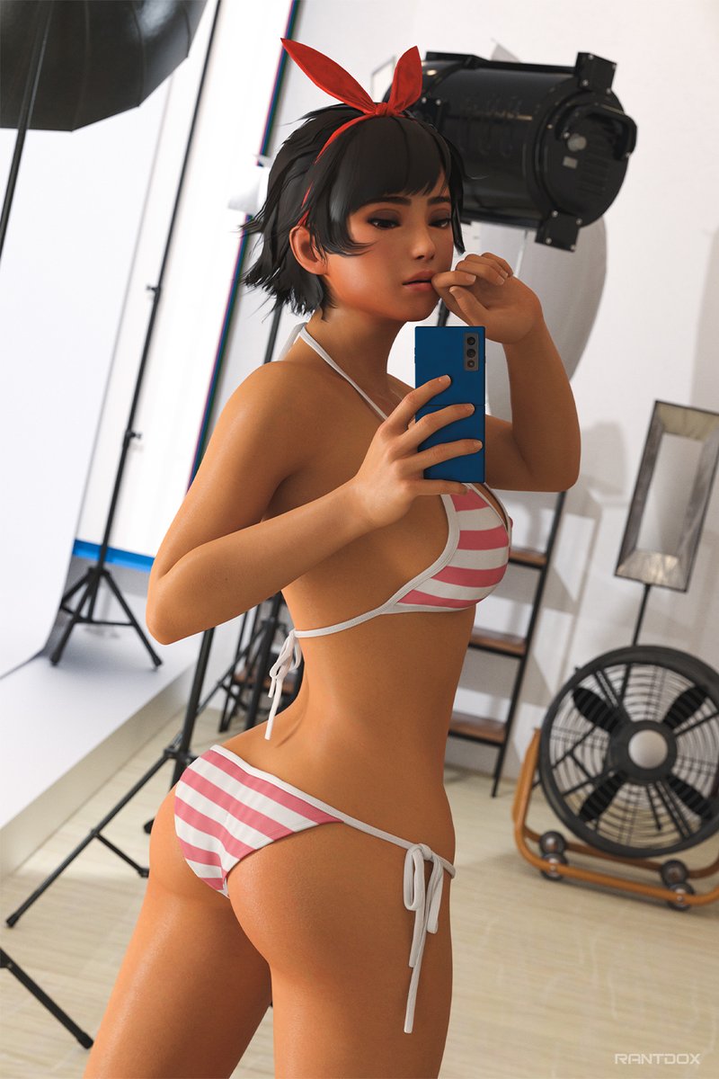 1girls 3d bikini black_hair hairband josie_rizal makeup modeling photoshoot rantdox side-tie_bikini sideboob smartphone solo solo_female solo_focus striped_clothing tekken tekken_7