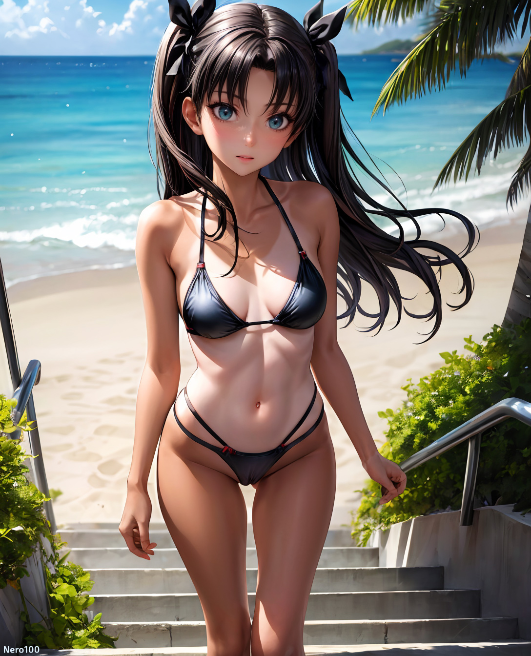 1girls, 2d, ai generated, aqua eyes, ass, athletic, athletic female, bare breasts, bare shoulders, beach, bikini, black hair, blue eyes, blush, breasts, chest, curvy, curvy figure, cute, cute face, dark hair, detailed, eyelashes, eyeshadow, fate (series), fate/stay night, female, female only, fit, fit female, focus, hairband, high quality, light skin, light-skinned female, lips, lipstick, long hair, looking at viewer, makeup, mascara, mature, medium breasts, outdoors, pale skin, pale-skinned female, posing, red eyes, seductive, seductive look, stable diffusion, string bikini, string bra, string panties, tagme, tanlines, thick ass, thick legs, thick thighs, tohsaka rin, twintails, uncensored