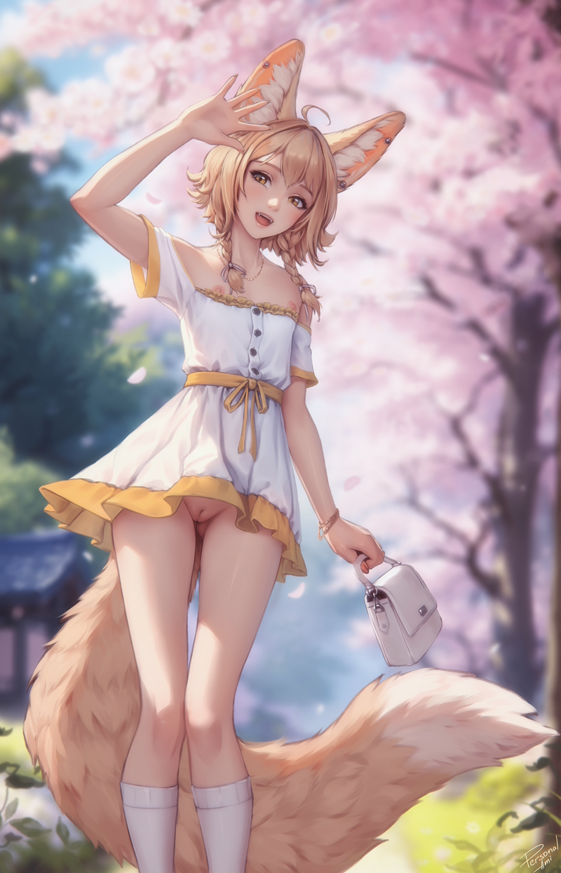 1girls :d ahoge animal_ear_piercing animal_ears arm_up bag braid brown_eyes brown_hair cherry_blossoms cleft_of_venus dress earrings fangs feet_out_of_frame female fox_ears fox_girl fox_tail functionally_nude_clothes handbag highres holding holding_bag jewelry khiara_(personalami) large_tail looking_at_viewer medium_hair nipple_slip no_panties off-shoulder_dress off_shoulder open_mouth original outdoors personalami pussy side_braids signature smile socks solo tail teeth true_flat_chest uncensored upper_teeth_only white_dress white_socks