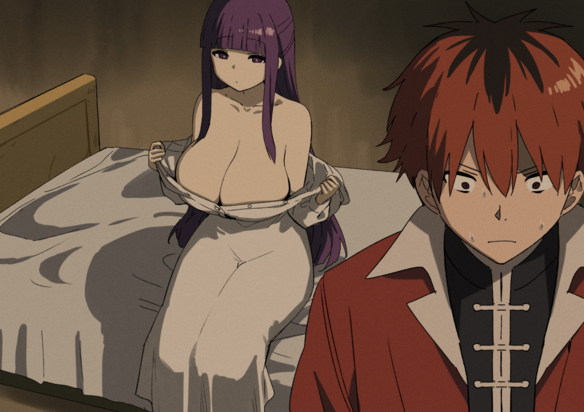 1boy, 1girls, breasts, constricted pupils, expressionless, female, fern (sousou no frieren), hourglass figure, huge breasts, human, human female, human male, large breasts, light-skinned female, male, nervous, sitting on bed, sky (freedom), slim waist, sousou no frieren, stark (sousou no frieren), sweatdrop, taking clothes off, thick thighs, undressing, wide hips