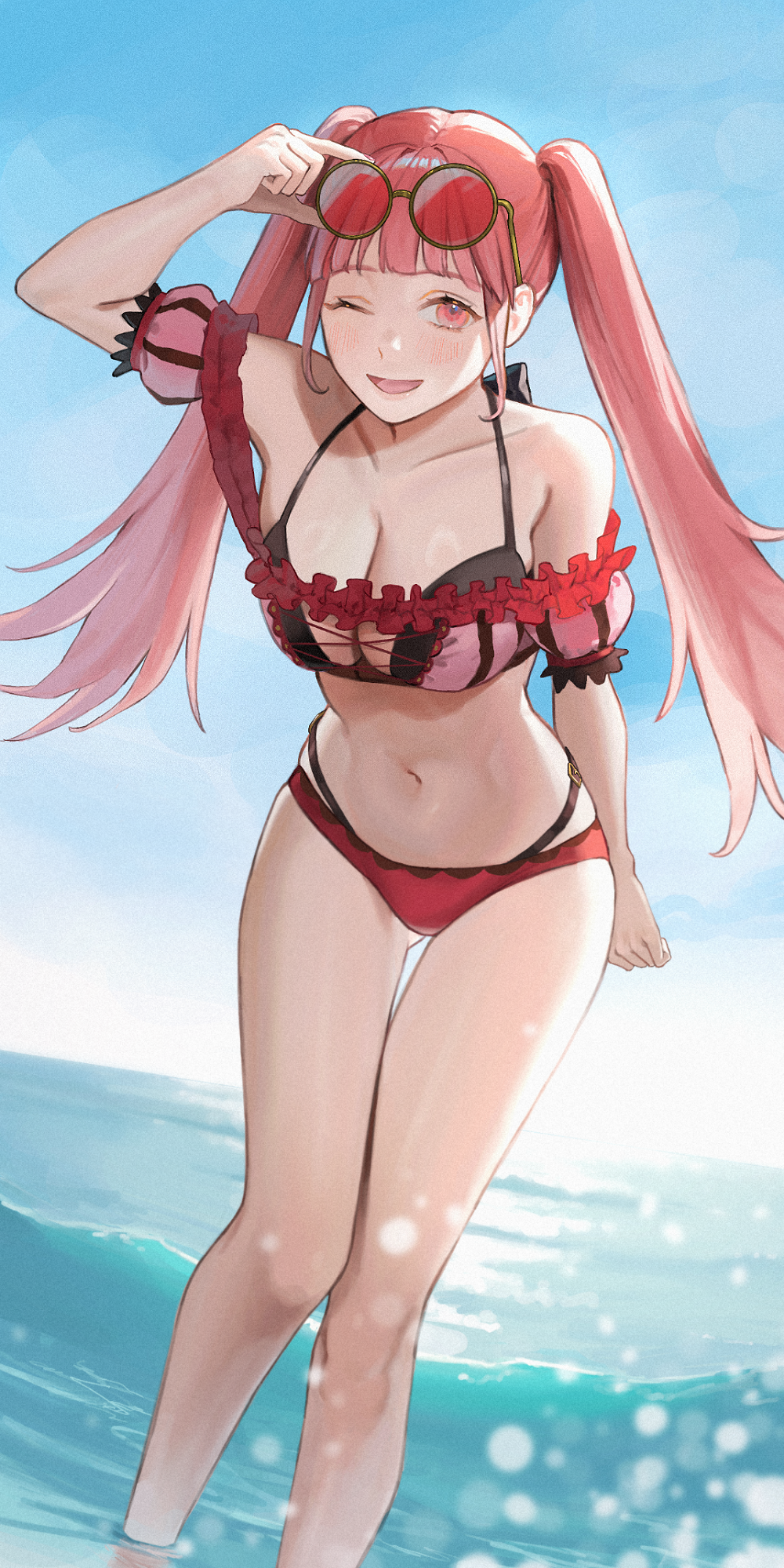 1girls ;d adjusting_eyewear alternate_costume arm_up ass_visible_through_thighs bangs bare_shoulders belly bikini blue_sky blunt_bangs blush breasts cleavage collarbone e5nf8v eyewear_on_head female female_only fire_emblem fire_emblem:_three_houses fire_emblem_heroes halterneck hand_on_eyewear highres hilda_valentine_goneril hilda_valentine_goneril_(summer) hourglass_figure knees_together_feet_apart large_breasts laughing leaning_forward light-skinned_female light_skin long_hair long_legs looking_at_viewer multicolored_bikini multicolored_clothes navel nintendo ocean off-shoulder_bikini off_shoulder official_alternate_costume one_eye_closed open_mouth outdoors outside partially_submerged pink_bikini pink_eyes pink_hair pink_swimsuit pinup red_bikini red_swimsuit sky slim_waist smile solo straight_hair striped striped_bikini sunglasses swimsuit thigh_gap thighs tied_hair twintails vertical-striped_bikini vertical_stripes water wide_hips