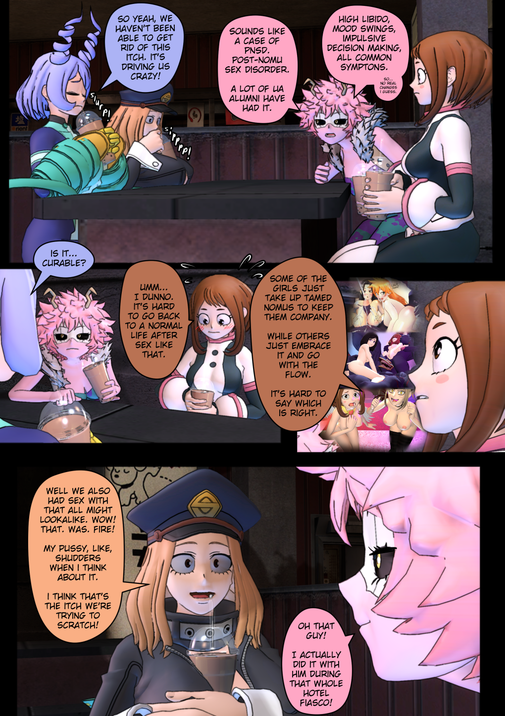 3d 4girls blue_hair boba_tea brown_hair camie_utsushimi clothing comic comic_page dominica9 drinking english_text female hero_outfit_(mha) himiko_toga itsuka_kendou kodai_yui komori_kinoko mina_ashido momo_yaoyorozu multiple_girls my_hero_academia nejire_hado ochako_uraraka pink_skin talking talking_to_another text yui_kodai