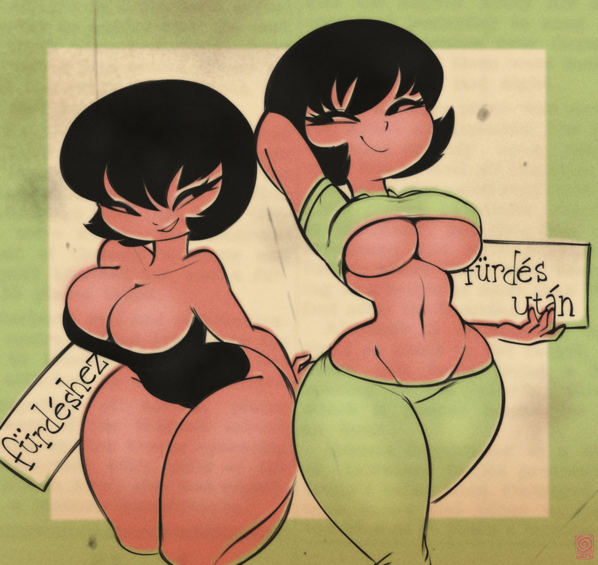 aesthetic, alternate costume, ass, big ass, big breasts, bottom heavy, breasts, child bearing hips, curvy, cute, female, higher resolution available, hourglass figure, indie (aesthetic), jek korpen, jucika, large breasts, tan body, text, thick thighs, thunder thighs, underboob, vintage, vintage indie, wide hips