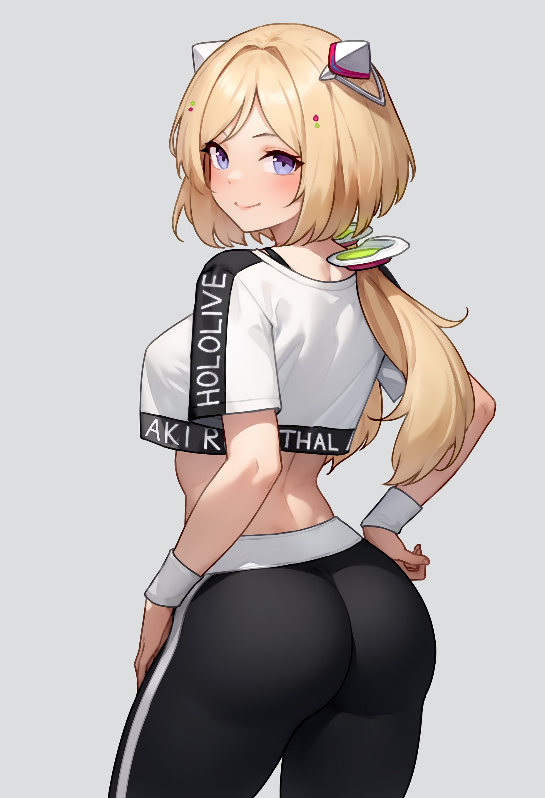 1girls, aki rosenthal, ass, blonde hair, blue eyes, bluefield, breasts, bubble ass, bubble butt, female, hair ornament, hololive, hololive dance practice uniform, hololive gen 1, hololive japan, large breasts, leggings, light skin, light-skinned female, long hair, looking at viewer, naughty face, smile, sportswear, thighs, virtual youtuber