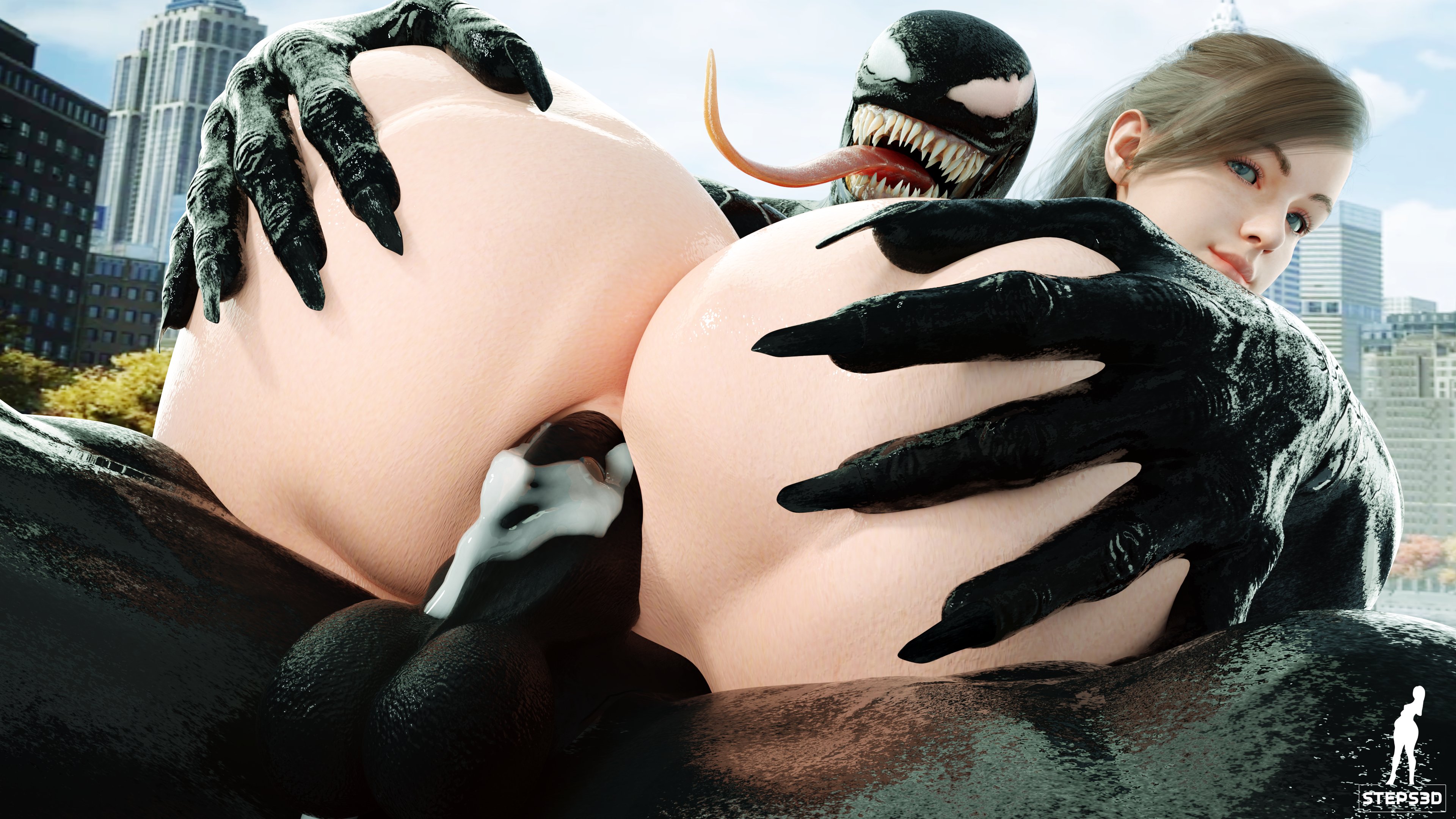 1boy, 1girls, alien, anal, ass, ass grab, big ass, big penis, cheating, cheating girlfriend, cowgirl position, cum, cum in ass, cum inside, female, huge cock, human, insomniac games, light skin, light-skinned female, long tongue, looking at viewer, looking back, male, marvel, marvel comics, mary jane watson, mary jane watson (insomniac), muscular, muscular male, penis, pussy, sharp teeth, smile, smiling at viewer, spider-man (ps4), spider-man (series), steps3d, straight, symbiote, tongue, tongue out, vaginal penetration, venom (2018), venom (marvel)