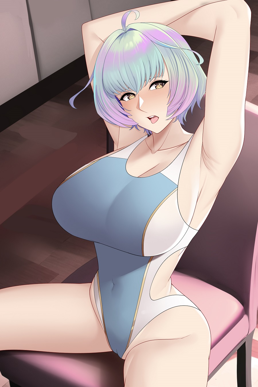 1girls ahoge aqua_hair armpits arms_behind_head arms_up aslindsamure backless_outfit bangs bare_arms bare_thighs blue_hair blue_one-piece_swimsuit blue_swimsuit blush breasts brown_eyes chair cleavage clothing covered_navel eyelashes female female_only fire_emblem fire_emblem_heroes green_hair indoors large_breasts light-skinned_female light_skin looking_at_viewer multicolored_hair nintendo on_chair one-piece_swimsuit open_mouth partially_visible_vulva pink_hair seidr_(fire_emblem) short_hair sitting solo spread_legs swimsuit teeth thighs tongue tongue_out