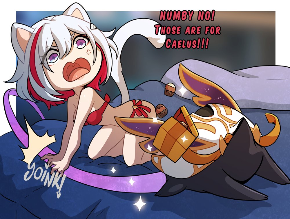 1girls, anger vein, angry, angry face, cat ears, cat girl, cat tail, catgirl, english text, female, female only, honkai (series), honkai: star rail, kinkymation, medium hair, on bed, purple eyes, red hair, solo, sweet, tail, text, topaz (honkai: star rail), two-tone hair, white hair