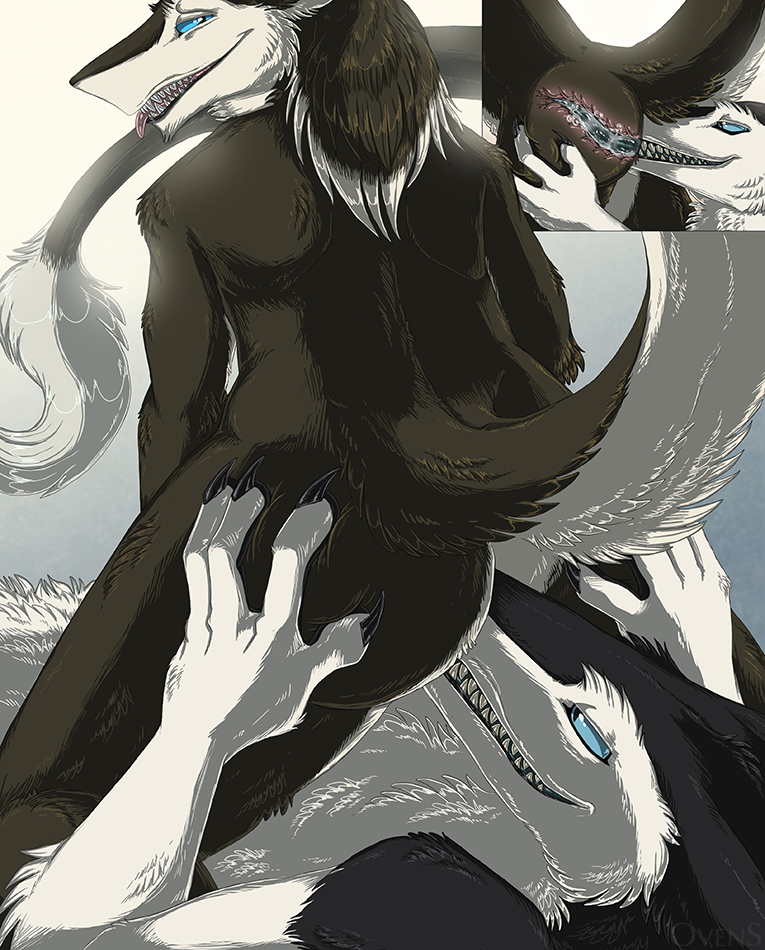 anal anthro anus ass black_body black_fur bran_the_sergal deep_rimming duo facesitting fur hand_on_butt internal male male/male oral ovens rimming sergal sex sitting_on_another tail tongue white_body white_fur zeon_(plague-angel)