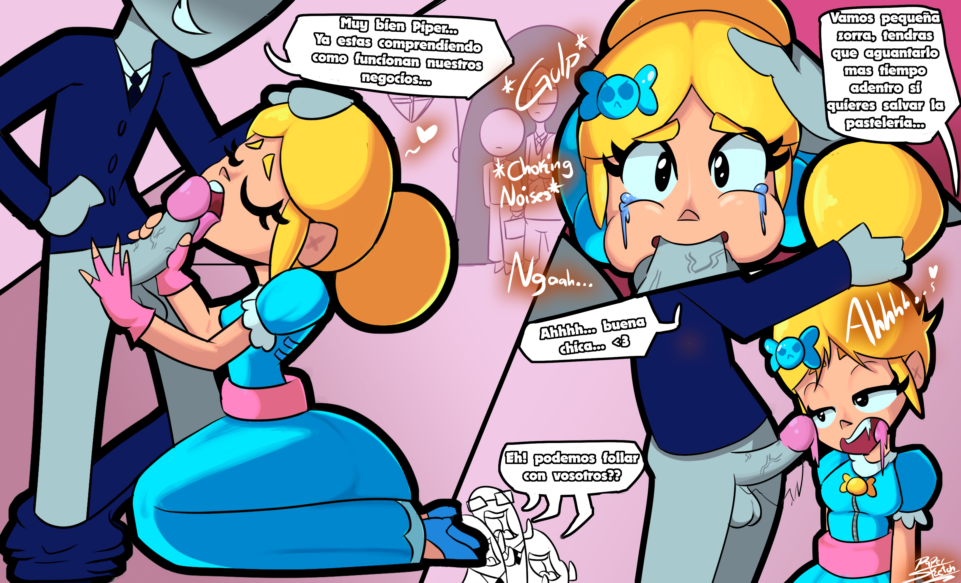 blonde female, blonde hair, blowjob, brawl stars, comic, comic page, deepthroat, dialogue, dress, face fucking, fellatio, female, forced, forced oral, hair bun, papersketch, piper (brawl stars), rape, rape face, raped, tears