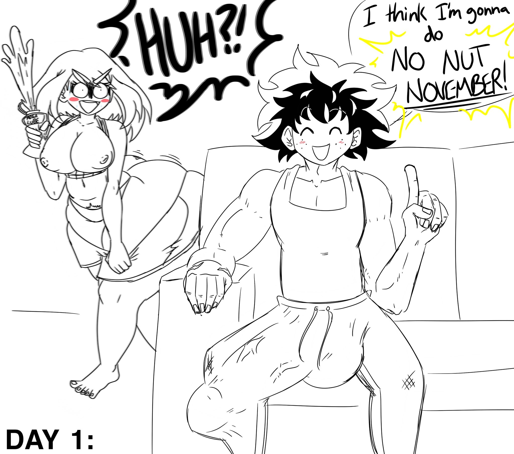 apron, ass, ass body, big ass, big breasts, breasts, bulge through clothing, erection under clothes, erection under clothing, female, huge bulge, huge cock, izuku midoriya, lube, male, mr.lewd, my hero academia, no nut november, ochako uraraka, page 1, penis