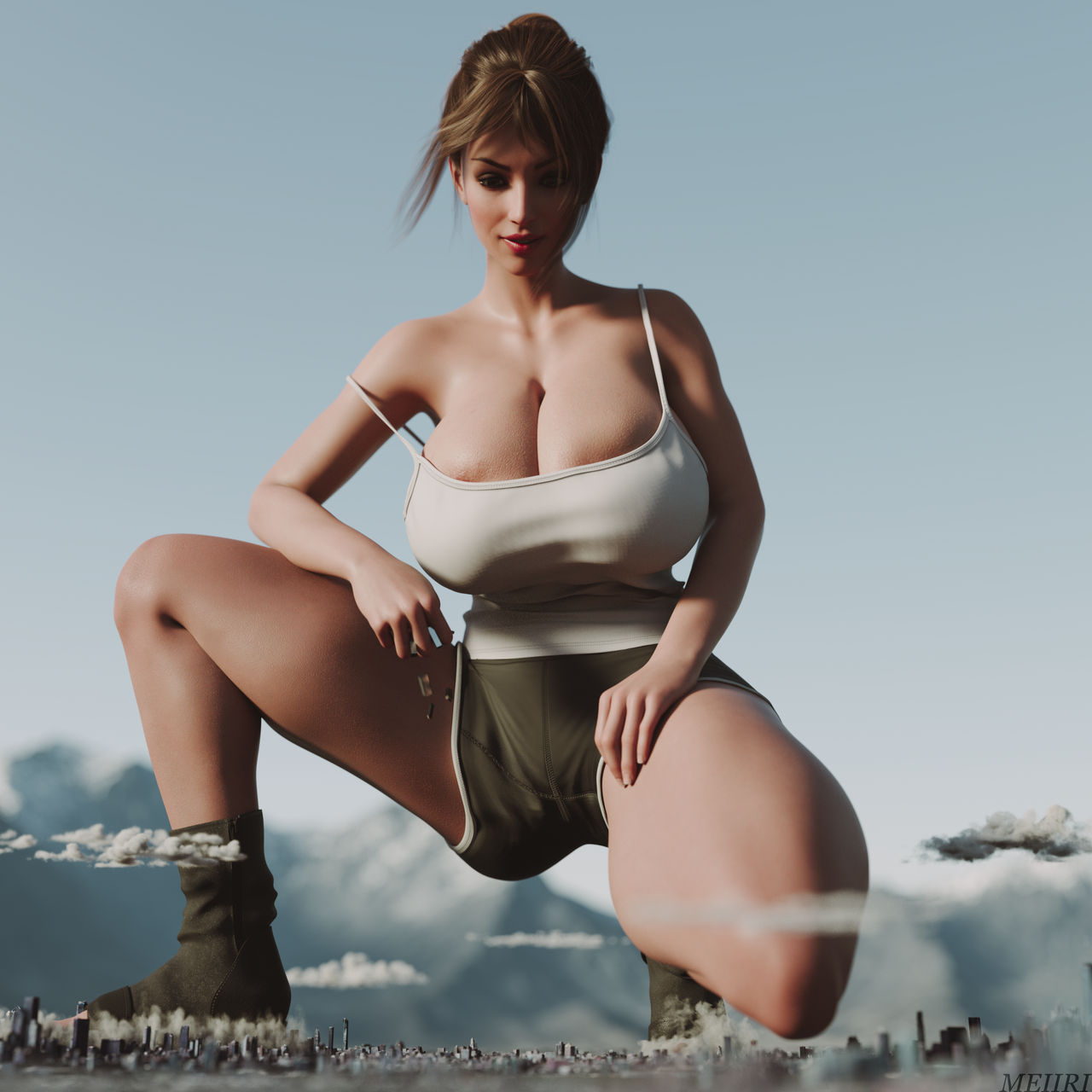 1girls 3d 3d_(artwork) big_breasts breasts city clothed clothed_female cloud clouds giantess giga_giantess large_breasts light-skinned_female light_skin looking_down meiirii shorts thick_thighs thighs