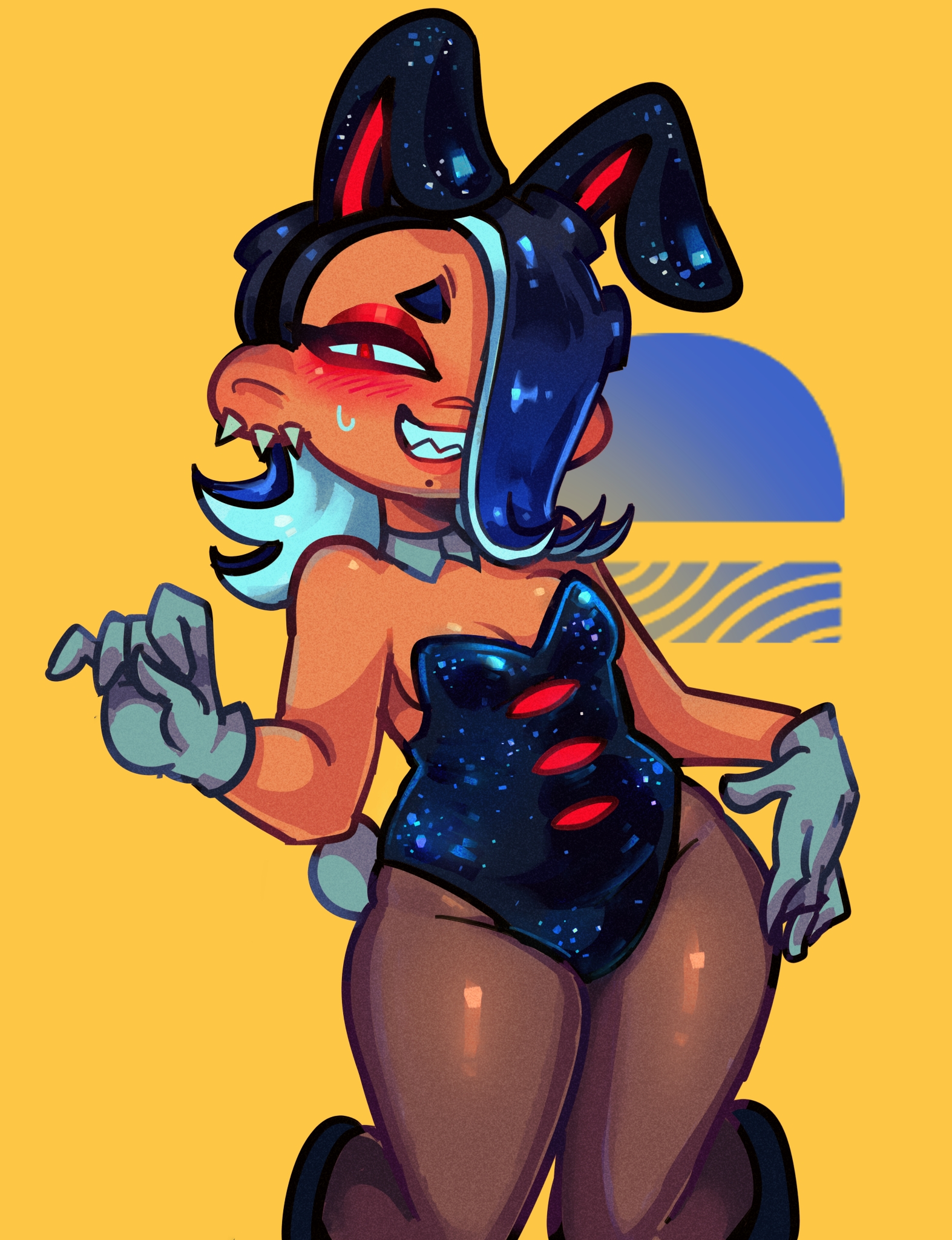 blush, breasts, bunny ears, bunnysuit, clothed, embarrassed, fat thighs, female, nintendo, on knees, pantyhose, pear shaped, shiny clothes, shiver (splatoon), sillymxow, small breasts, solo, sparkles, splatoon, splatoon (series), splatoon 3, thick thighs, thighs