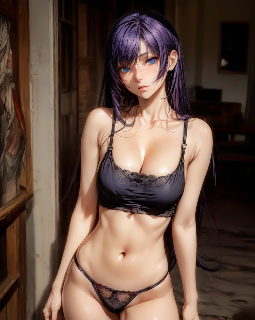 1girls, ai generated, black bra, black panties, black underwear, blue eyes, bra, breasts, female, female only, highschool of the dead, long hair, panties, purple hair, saeko busujima, solo, solo female, underwear