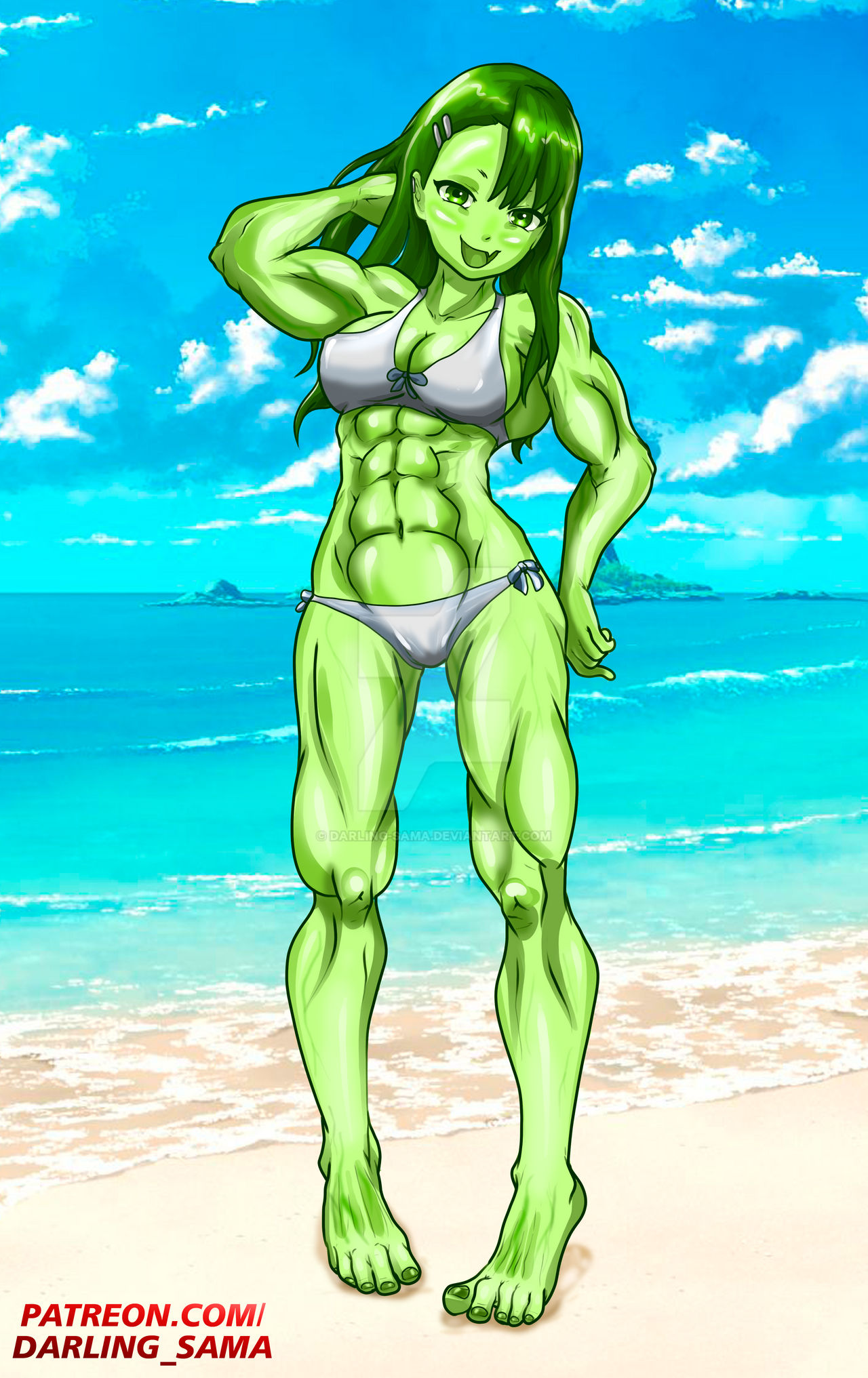 1girls abs beach bikini breasts cleavage clothed clothing darling-sama earrings female_focus female_only green_eyes green_hair green_skin hayase_nagatoro huge_ass huge_breasts long_hair marvel medium_breasts midriff muscular muscular_female navel ocean please_don't_bully_me,_nagatoro pose revealing_clothes solo thick_lips thick_thighs watermark wide_hips