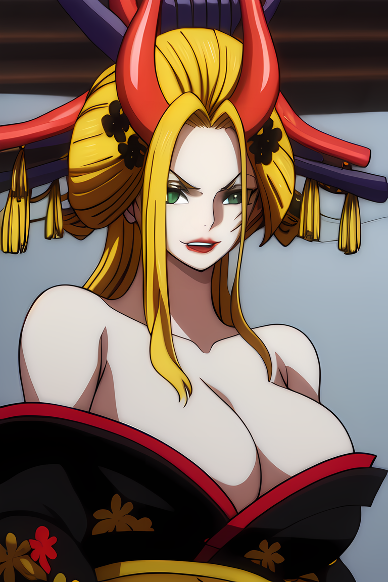 ai_generated beast_pirates black_maria blonde_hair breasts cleavage female female_only geisha green_eyes horns kimono large_breasts oiran one_piece violetvitamin wano_country