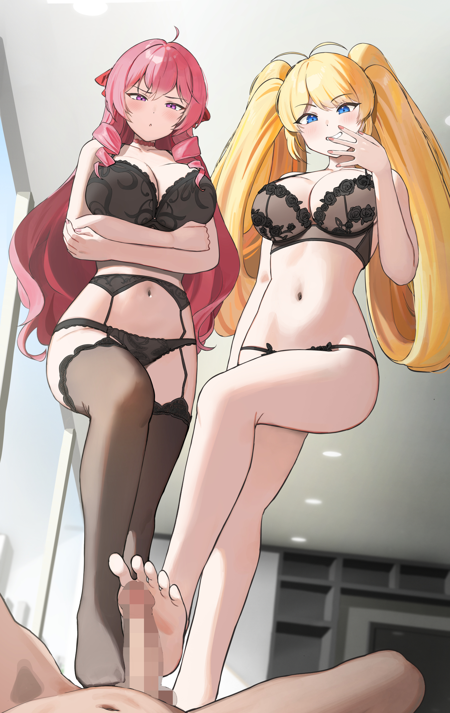 2girls, ahoge, arms under breasts, barefoot, big breasts, blonde hair, blue eyes, bra, breast hold, breasts, bulge, character request, cleavage, commentary, commission, copyright request, erection, feet, female, femdom, from below, full body, garter belt, highres, indoors, lace trim, large breasts, legs, long hair, lying, male, multiple females, multiple girls, naughty face, no shoes, open clothes, open shirt, penis, pink hair, purple eyes, shirt, skirt, small penis, smile, standing, thighhighs, twin (tt lsh), underwear, underwear only