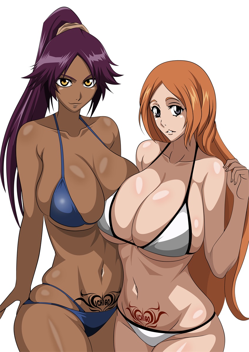 2girls belly_button big_breasts bikini bleach bleach:_the_thousand-year_blood_war breasts brown_eyes busty cleavage curvy dark-skinned_female dark_skin duo duo_focus female female_only grey_eyes huge_breasts inoue_orihime light-skinned_female light_skin long_hair looking_at_viewer navel orange_hair ponytail pubic_tattoo purple_hair shihouin_yoruichi voluptuous white_background yxyyxy