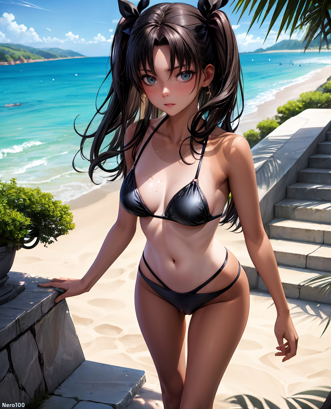 1girls, 2d, ai generated, aqua eyes, ass, athletic, athletic female, bare breasts, bare shoulders, beach, bikini, black hair, blue eyes, blush, breasts, chest, curvy, curvy figure, cute, cute face, dark hair, detailed, eyelashes, eyeshadow, fate (series), fate/stay night, female, female only, fit, fit female, focus, hairband, high quality, light skin, light-skinned female, lips, lipstick, long hair, looking at viewer, makeup, mascara, mature, medium breasts, nero100, outdoors, pale skin, pale-skinned female, posing, red eyes, seductive, seductive look, stable diffusion, string bikini, string bra, string panties, tagme, tanlines, thick ass, thick legs, thick thighs, tohsaka rin, twintails, uncensored