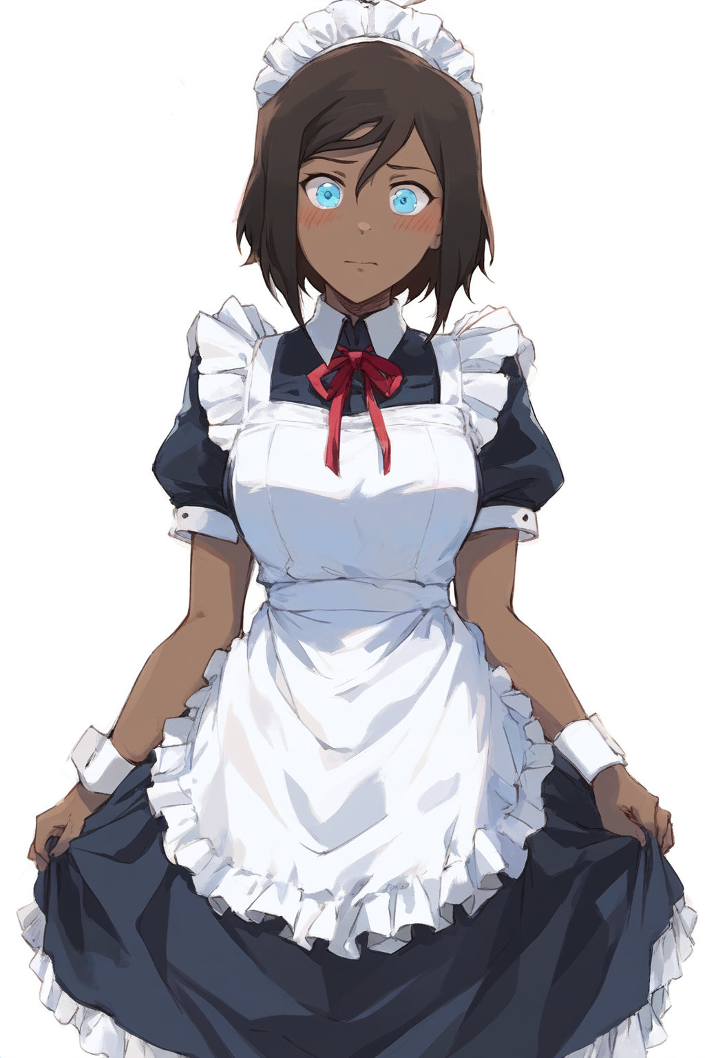 1girls, ai generated, avatar legends, blue eyes, blush, brown hair, cuffs, dark skin, dark-skinned female, female, hair between eyes, korra, looking at viewer, maid, maid headdress, maid uniform, red tie, short hair, skirt lift, tan skin, the avatar, the legend of korra, tie, water tribe, white background