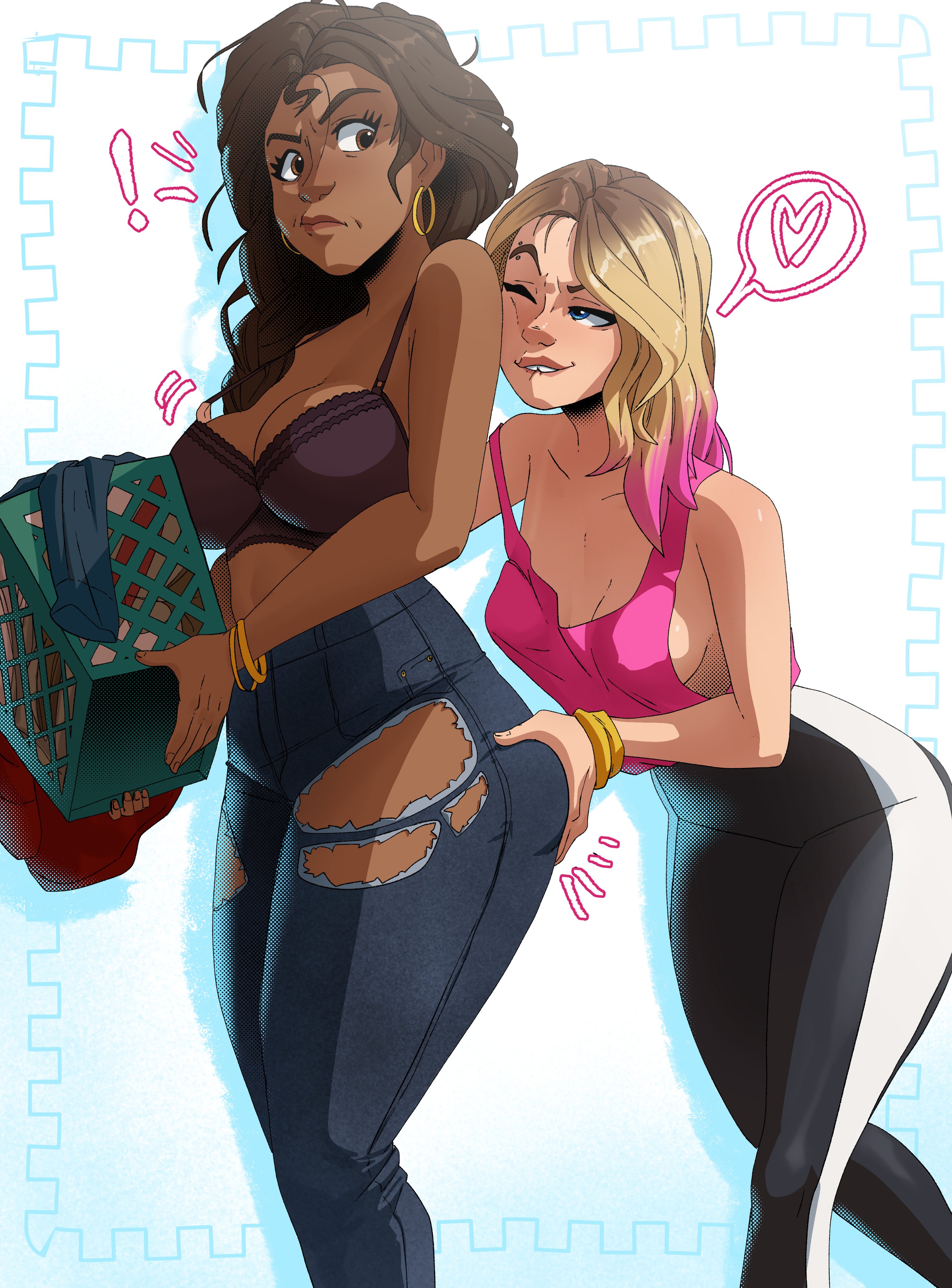 2girls, age difference, ass, ass grab, ass squeeze, asymmetrical hair, blonde hair, bubble ass, chocolate and vanilla, coolerinker, dark skin, dark-skinned female, eyebrow piercing, female, gwen stacy, inker comics, inkershike, interracial yuri, light skin, light-skinned female, long hair, marvel, marvel comics, mature, mature female, milf, multiple females, multiple girls, pale skin, pale-skinned female, rio morales, rio morales (spider-verse), spider web, spider-gwen, spider-man (series), spider-man: across the spider-verse, spider-man: into the spider-verse, thick thighs, wide hips, wide thighs, yuri