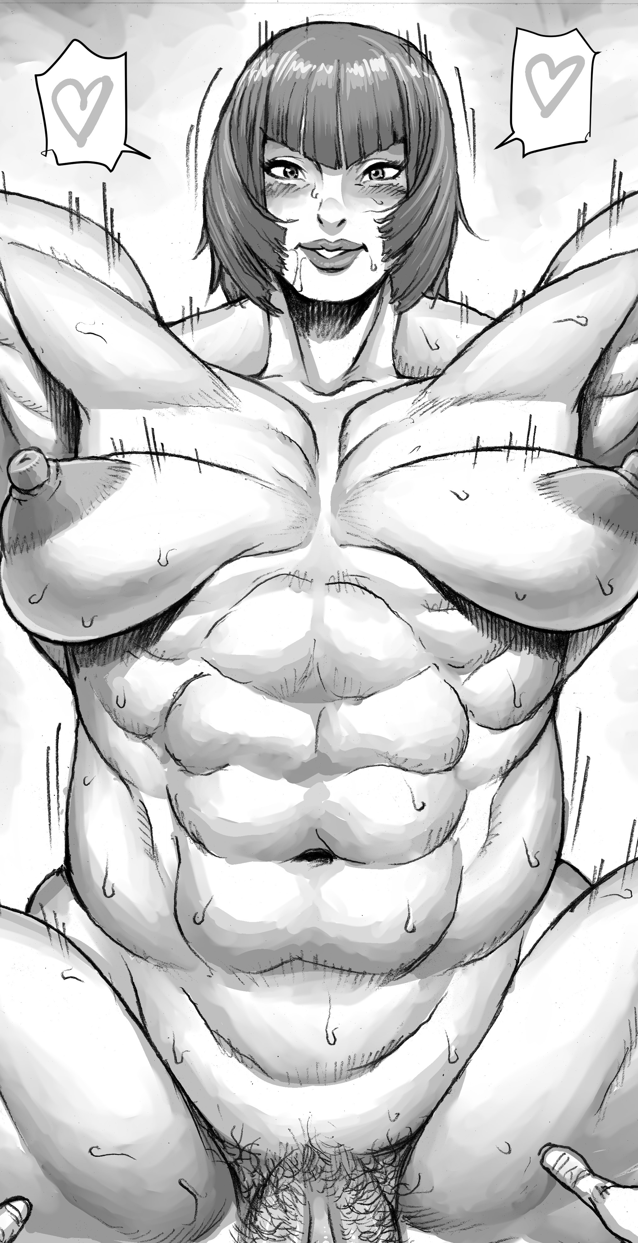 1boy, 1girls, abs, areola, athletic, athletic female, bare shoulders, big areola, big breasts, big nipples, bimbo, black and white, breasts, busty, capcom, censored, curvy, double deck, erect nipple, erect nipples, eyelashes, female, front view, gloves, hairy pussy, hips, human, implied sex, looking at viewer, male, marisa rossetti, muscles, muscular, muscular female, nipples, partial male, perky breasts, plump labia, pose, posing, puffy areola, pussy, short hair, simple background, sketch, solo, solo female, solo focus, street fighter, street fighter 6, sweat, thick thighs, thighs, voluptuous, wide hips